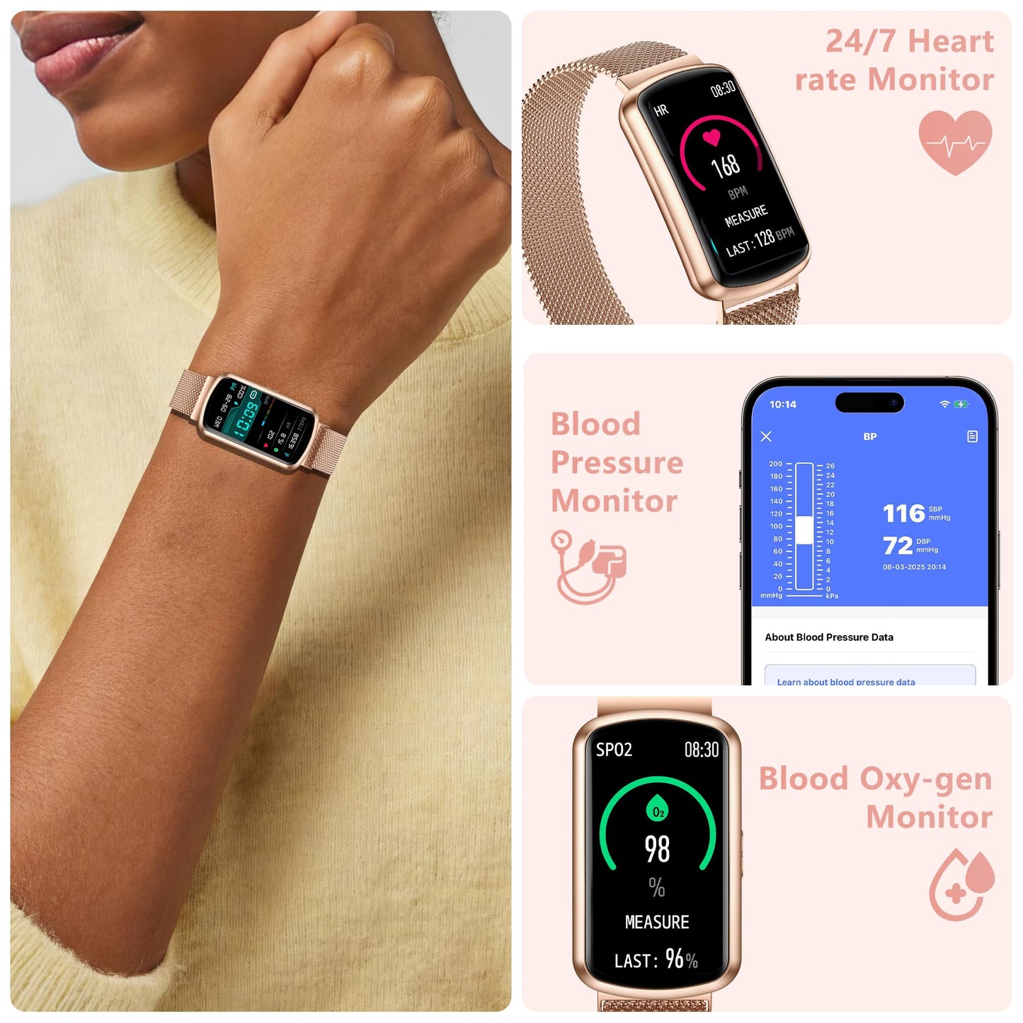 JYUAJOI Health Fitness Tracker, Smart Watch with 24/7 Heart Rate and Blood Pressure Monitor, Activity Tracker with Blood Oxygen, 120 Sport Mode Waterproof Sleep Tracker for Women Men (Pink Gold)