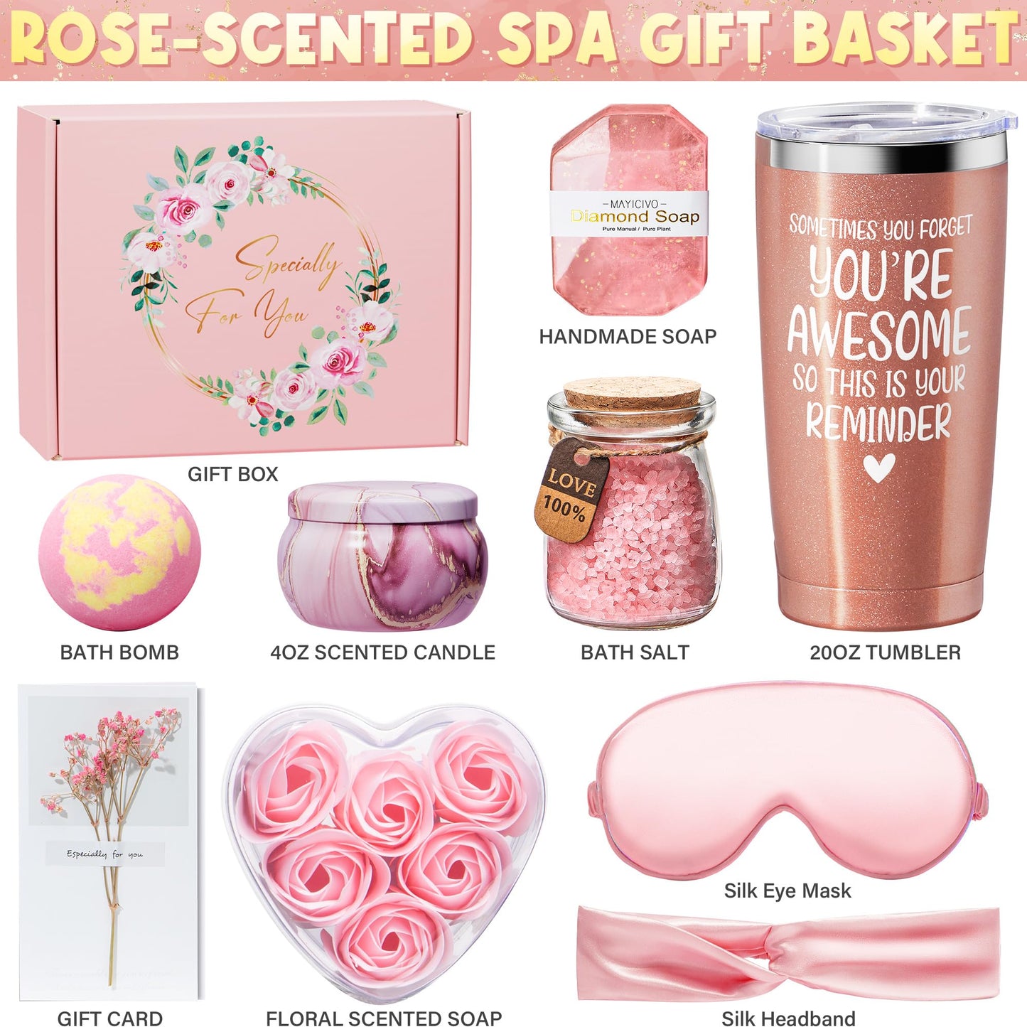 Birthday Gifts for Women Friendship, Rose Relaxing Spa Gifts Basket for Women Self Care Gifts Thank You Gifts Bath Set Mothers Day Gifts for Mom Her Sister Friend Wife Grandma Teacher Nurse Graduation