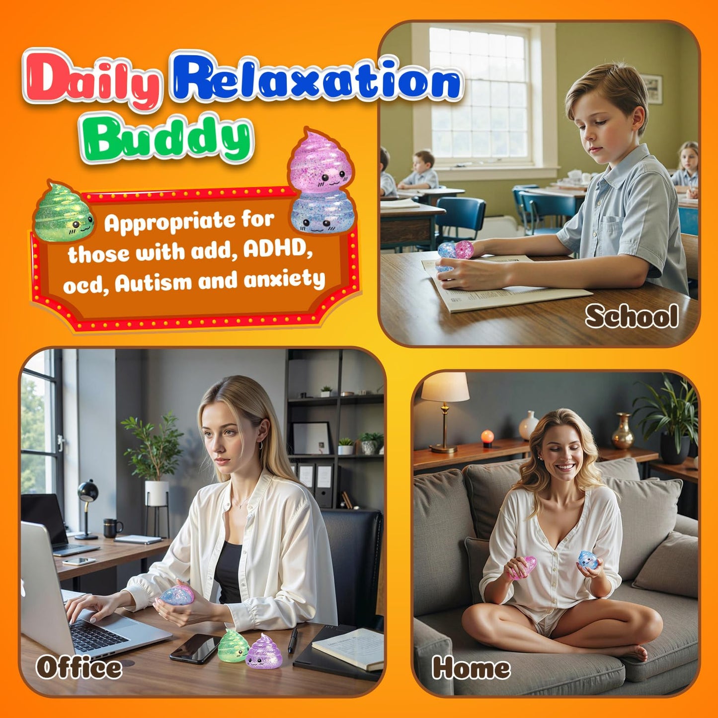 Fidget Toys for Kids & Adults: 4 Pack Poop Prank Gross Sensory Squeeze Toy - Large Size, Stress Anxiety Relief Balls, Gag Gifts for Girls Boys Teens Party Favors, Toys for Ages 6 7 8 12 Years Old