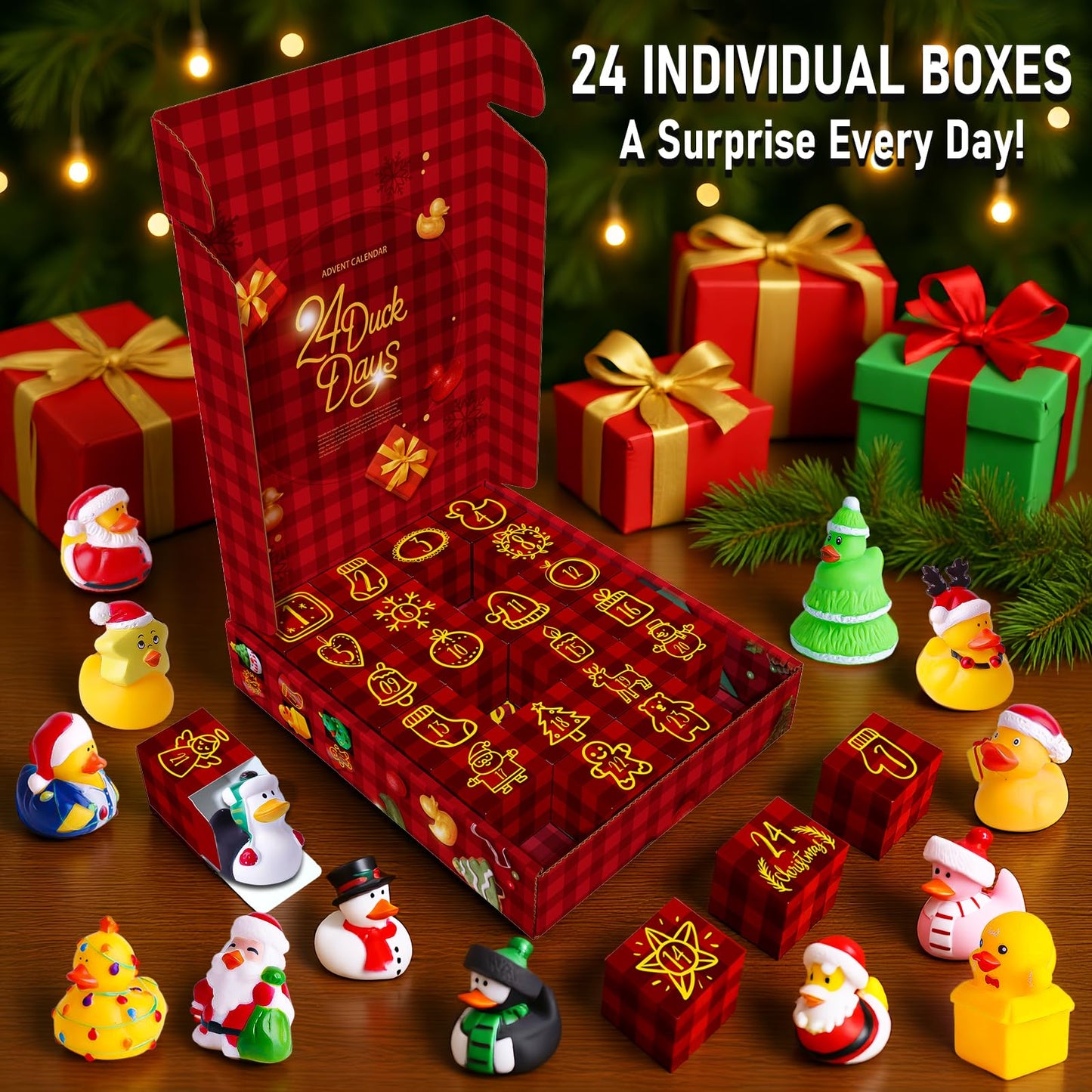 Intever 2025 Advent Calendar Christmas Ducks – 24 Days of Surprise Rubber Duck Gifts | Fun Holiday Countdown Toy Set for Christmas Party Favors, Stocking Stuffers & Decorations for Toddlers, Boys & Girls