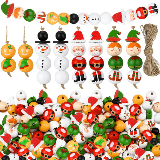 Suzile 150 Pcs Christmas Wood Beads with Twine Xmas Santa Gingerbread Man Snowman Elf Wooden Bead Farmhouse Rustic Round Wooden Beads for Crafts DIY Christmas Winter Party Supplies Decor Ornaments