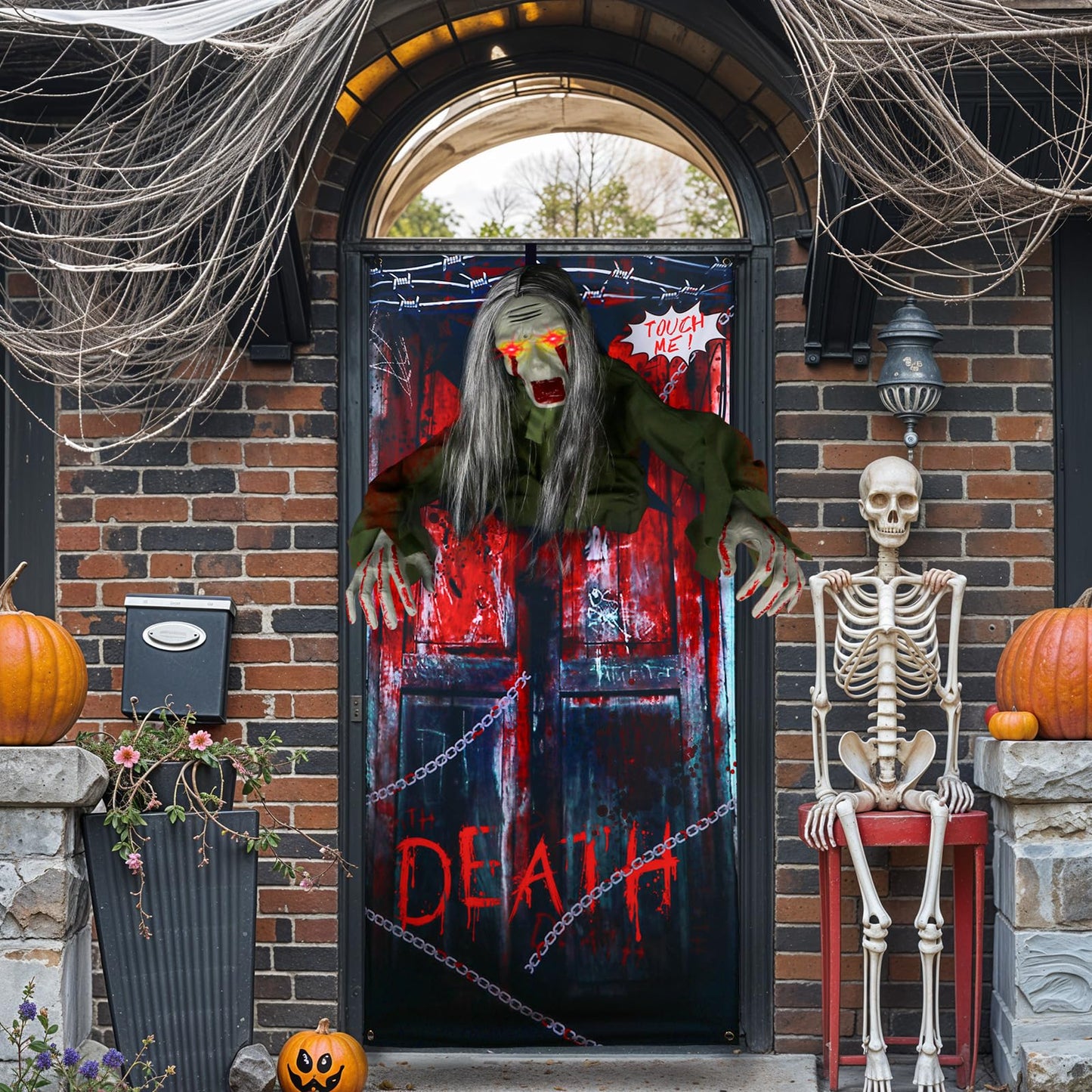 GUDELAK 6.6FT Animated Hanging Halloween Decorations Outdoor Zombie with Light Up Red Eye, Halloween Door Decorations with Halloween Backdrop, green, W-GS-GG-CK-KYB-1