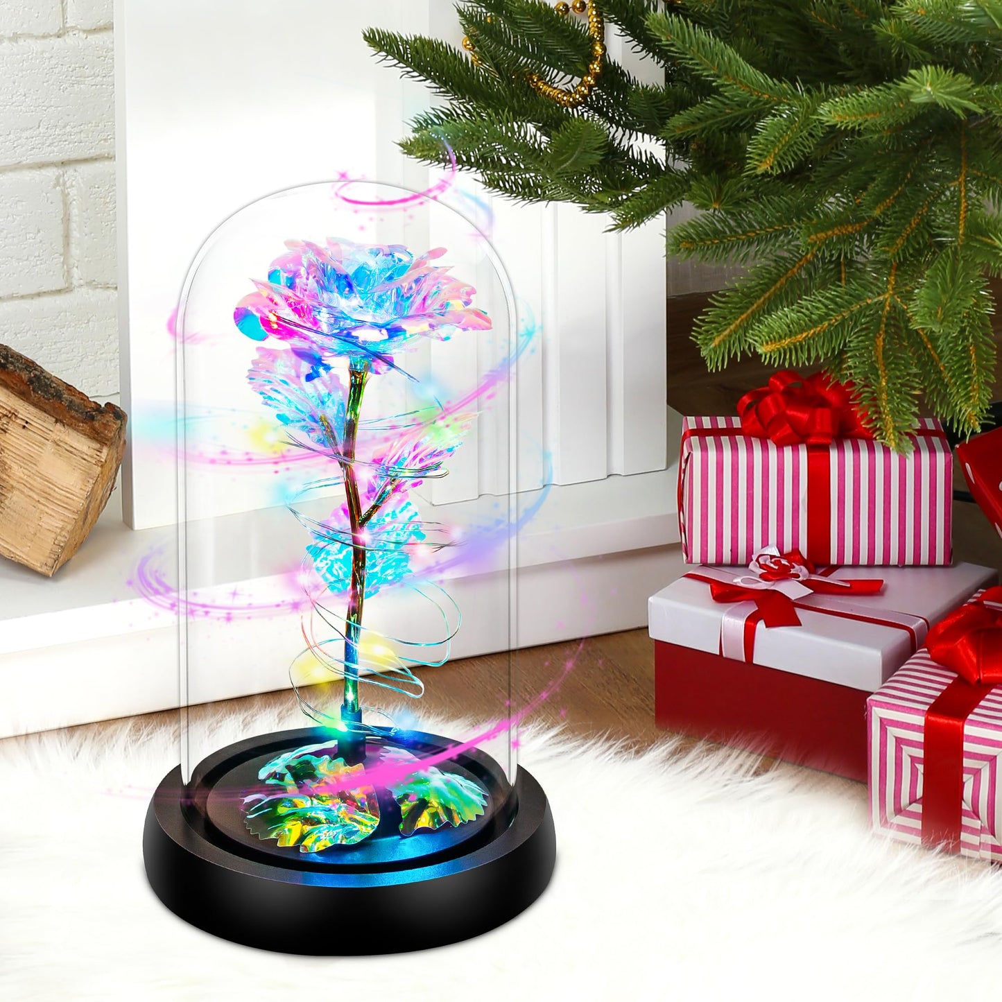 Childom Birthday Gifts for Women,Flowers for Delivery Prime,Rotating Colorful Rainbow Light Up Rose in A Glass Dome,Spinning Christmas Rose Gifts for Her Mom Wife Girl Grandma on Anniversary Valentine