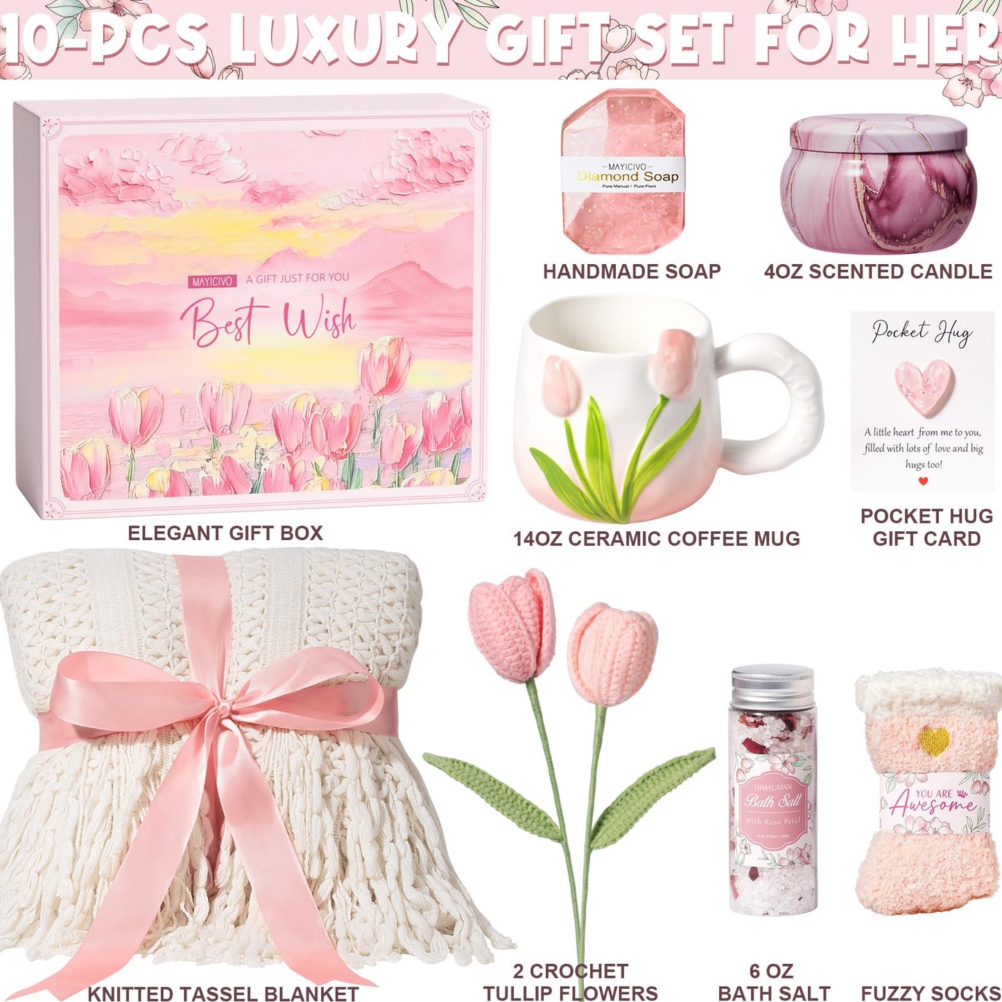 Birthday Gifts for Women Self Care Set Get Well Soon Gift Baskets, Relaxing Rose Spa Gift Basket Care Package for Women, Unique Xmas Gifts for Mom Her Girlfriend Sister Best Friend Wife Grandma