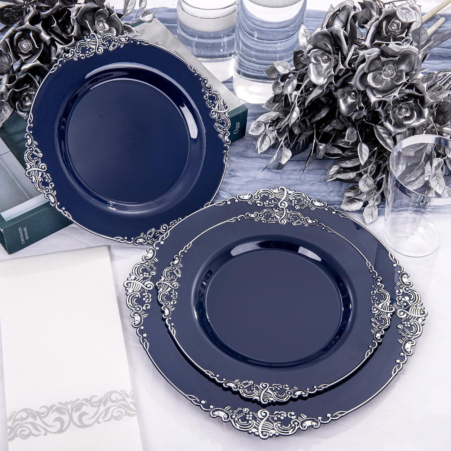 Hioasis 175pcs Blue and Silver Plastic Plates - Elegant Disposable Dinnerware Set Suitable for 25 Guests Include 10.25 Dinner & 7.5 Dessert Plates, Pre Rolled Silverware Set, Cups for Party & Wedding
