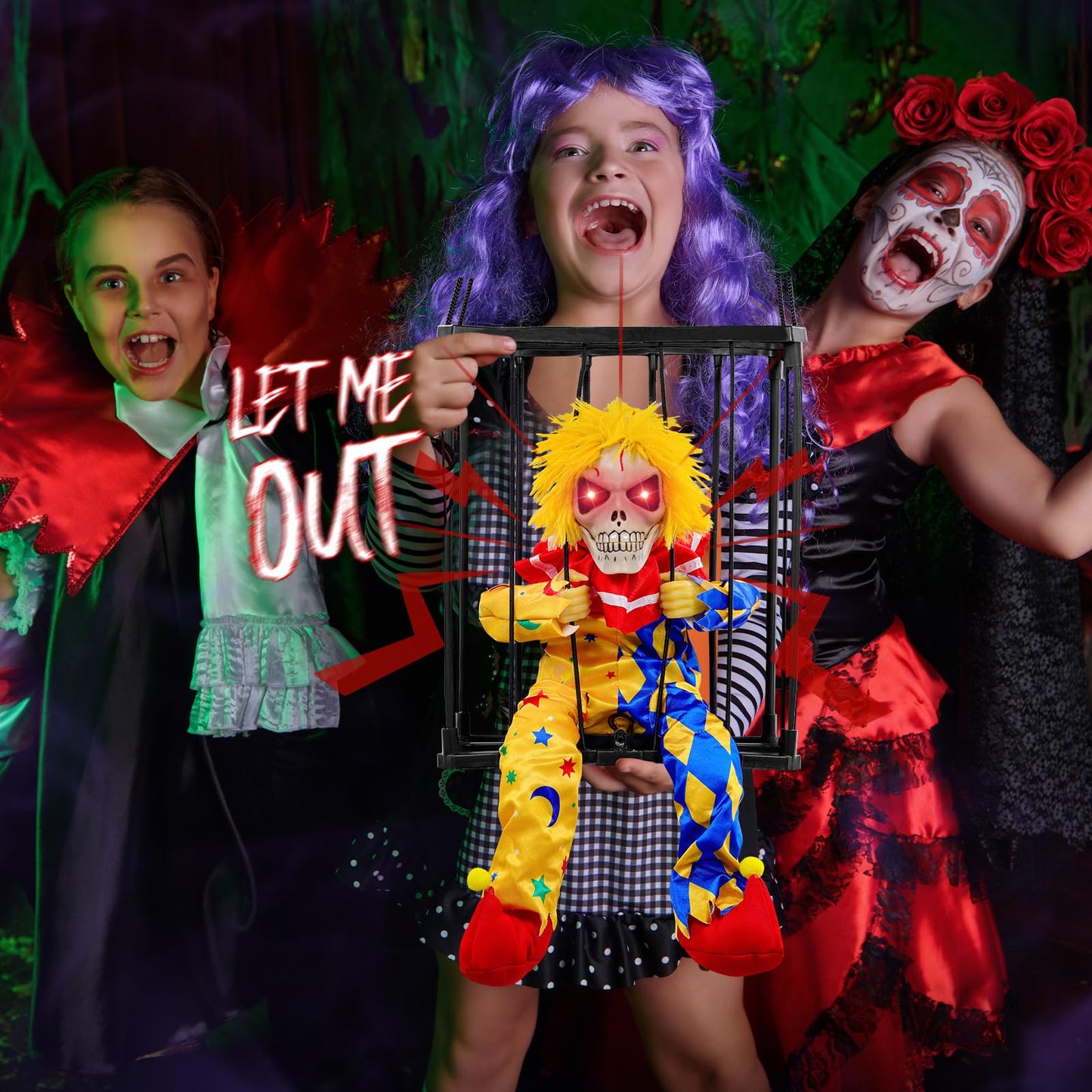 MGparty Halloween Screaming Animated Decorations Halloween Decor Prop with Motion Sensor Scary Skull Cage Prisoner Spooky Hanging Ghost Light Up Eyes