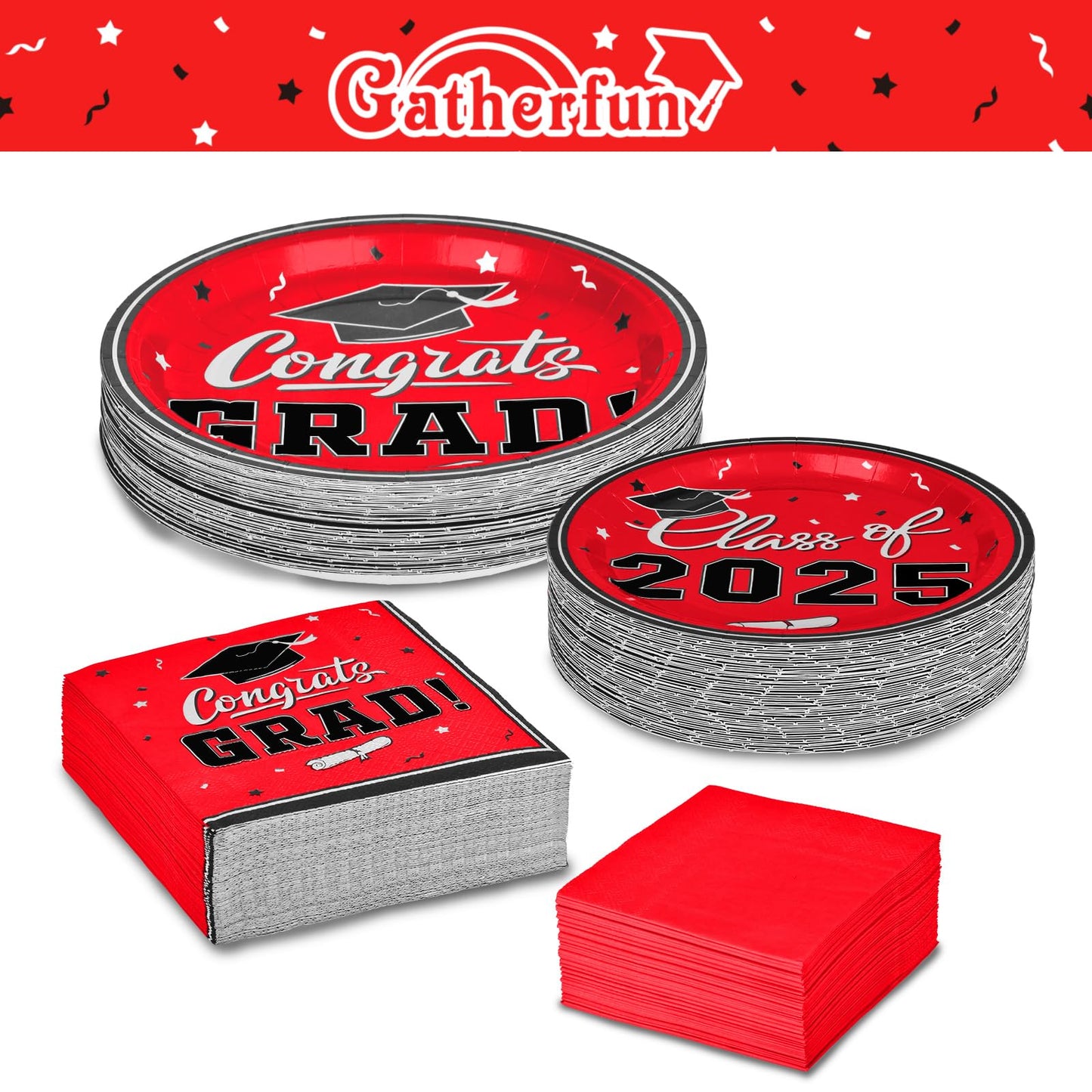 Gatherfun Graduation decorations 2025 Graduation Party Plates and Napkins Red Disposable Paper Plates Luncheon Napkins Cocktail Napkins for Congrats Grad Party Decorations, Serve 50