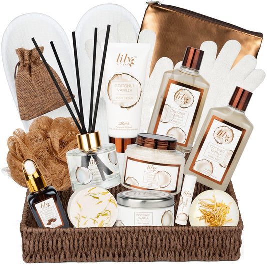 Bath and Body Gift Basket Set for Women - Coconut Vanilla Spa Gift Basket for Women 17-Piece Luxury Bath Gift Set with Shower Gel Self Care Pampering Gifts for Mothers Day, Christmas, Birthday Gifts