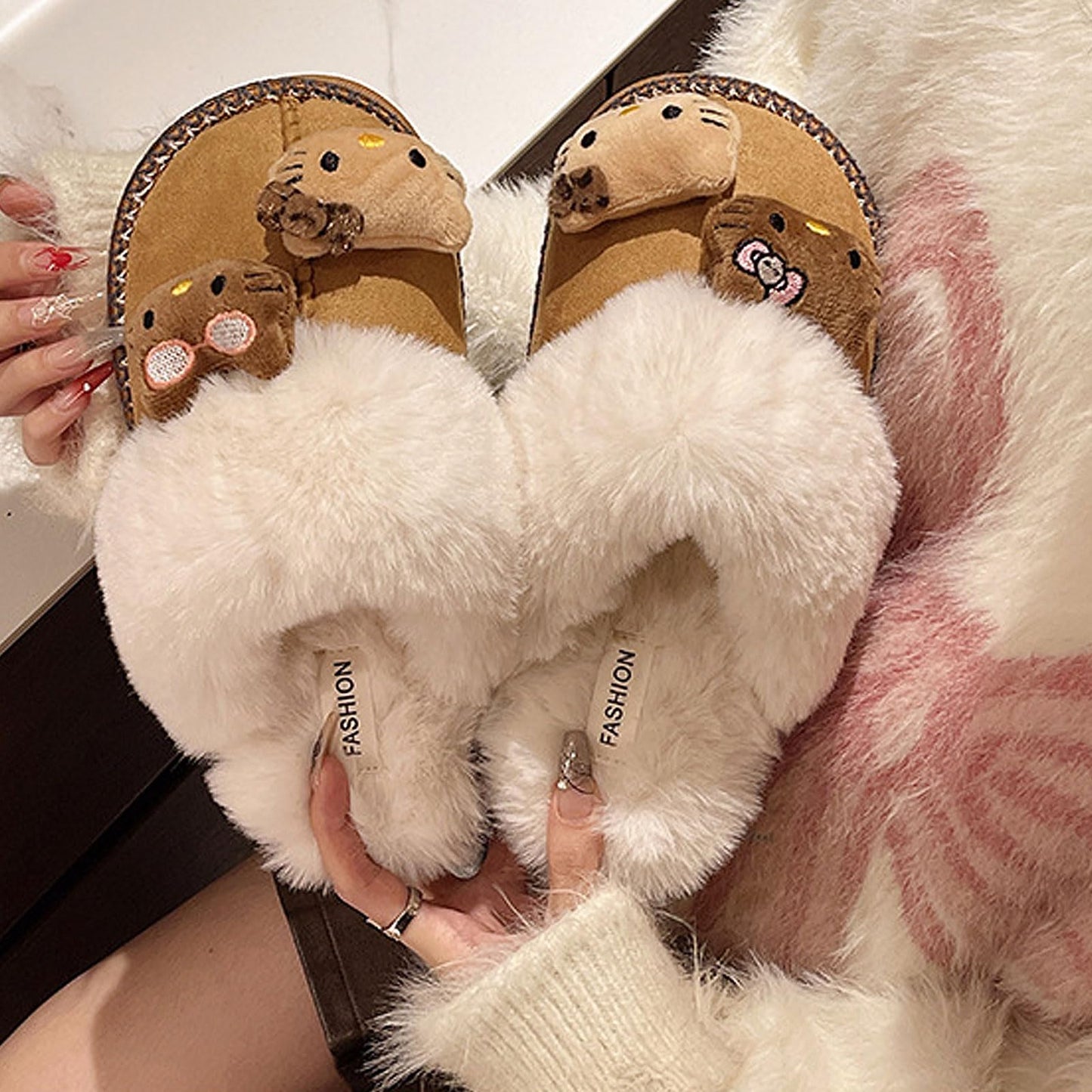 Wauoemy Fuzzy Slippers for Women Girls,Cute Fluffy House Shoes Warm Christmas Birthday Gift for Daughter Wife Girlfriend Bestie Brown 5.5
