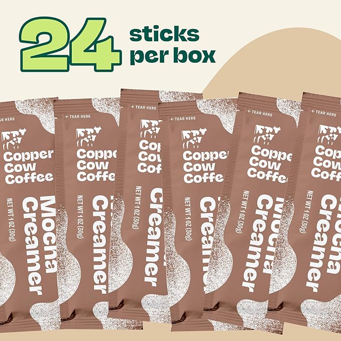Copper Cow Coffee Sweetened Mocha Milk Creamer Singles (24 pack) | Vietnamese Inspired Coffee Creamer, All Natural Creamer Packets for Pour Overs & Lattes | No Refrigeration Needed