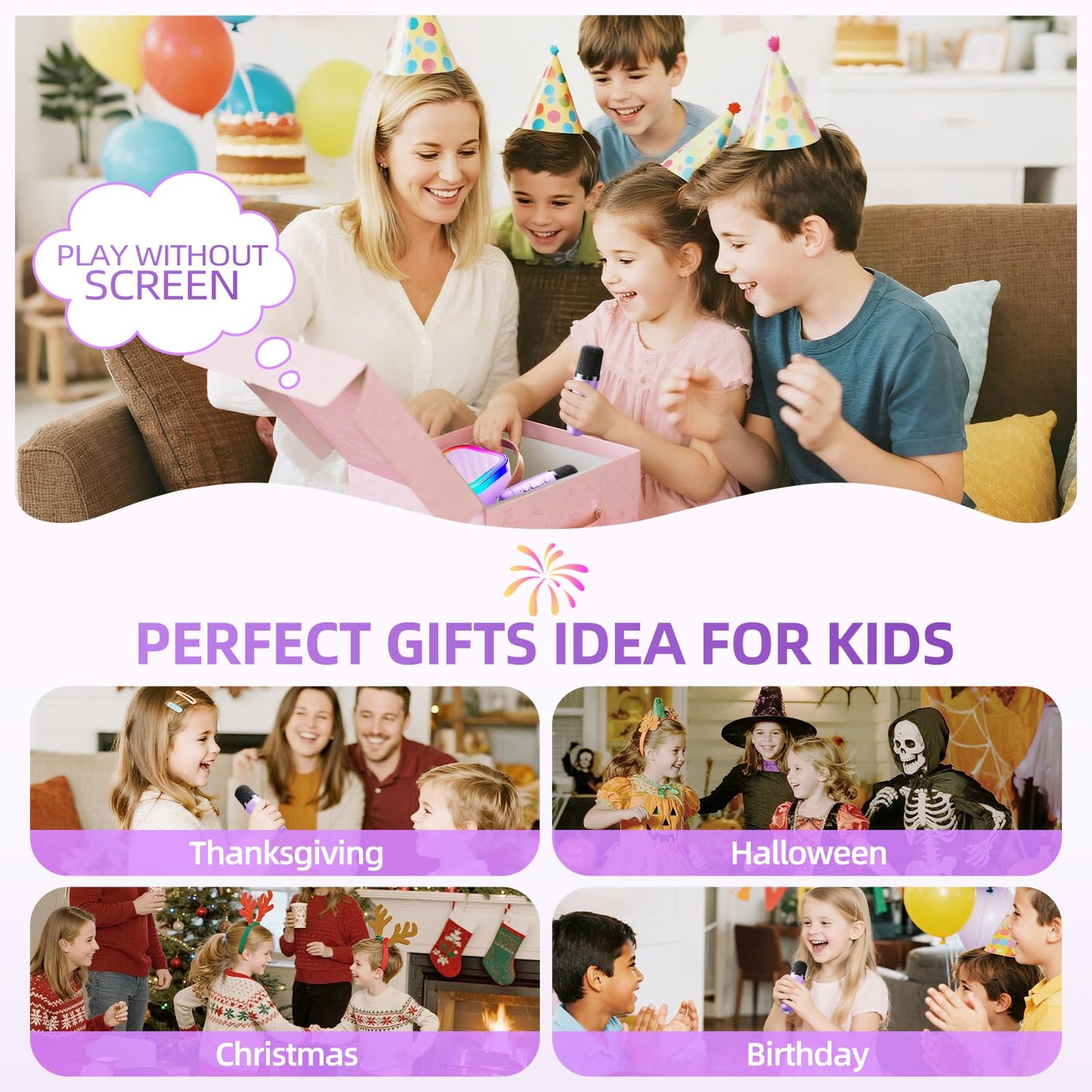 Kinglucky Mini Karaoke Machine for Kids, 2025 TOP Birthday Gifts Ideas for 3-12 Year Old Girls, Christmas Party Gifts Kids' Personal Video Players Accessories with 2 Wireless Microphones - Purple