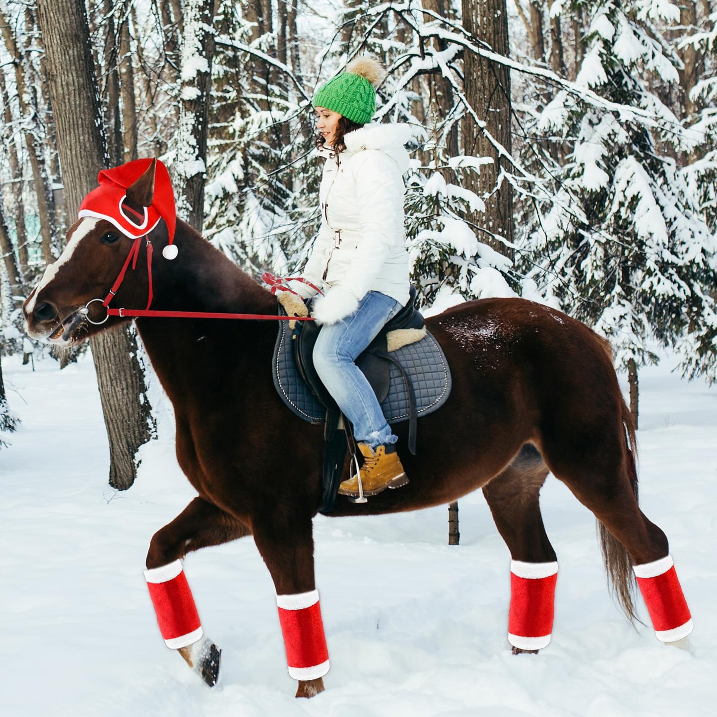 Andy's 10 PCS Xmas Horse Costume Set - Red Santa Hat, Leg Wraps, Halter, Bow Ties For Horse Tails