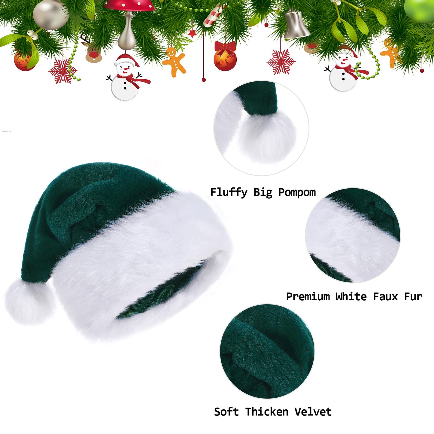 Tokforty Santa Hats, Green and White Santa Hats for Adults, Unisex Velvet Touch Comfort Christmas Hats for New Year Festive Party Christmas Supplies