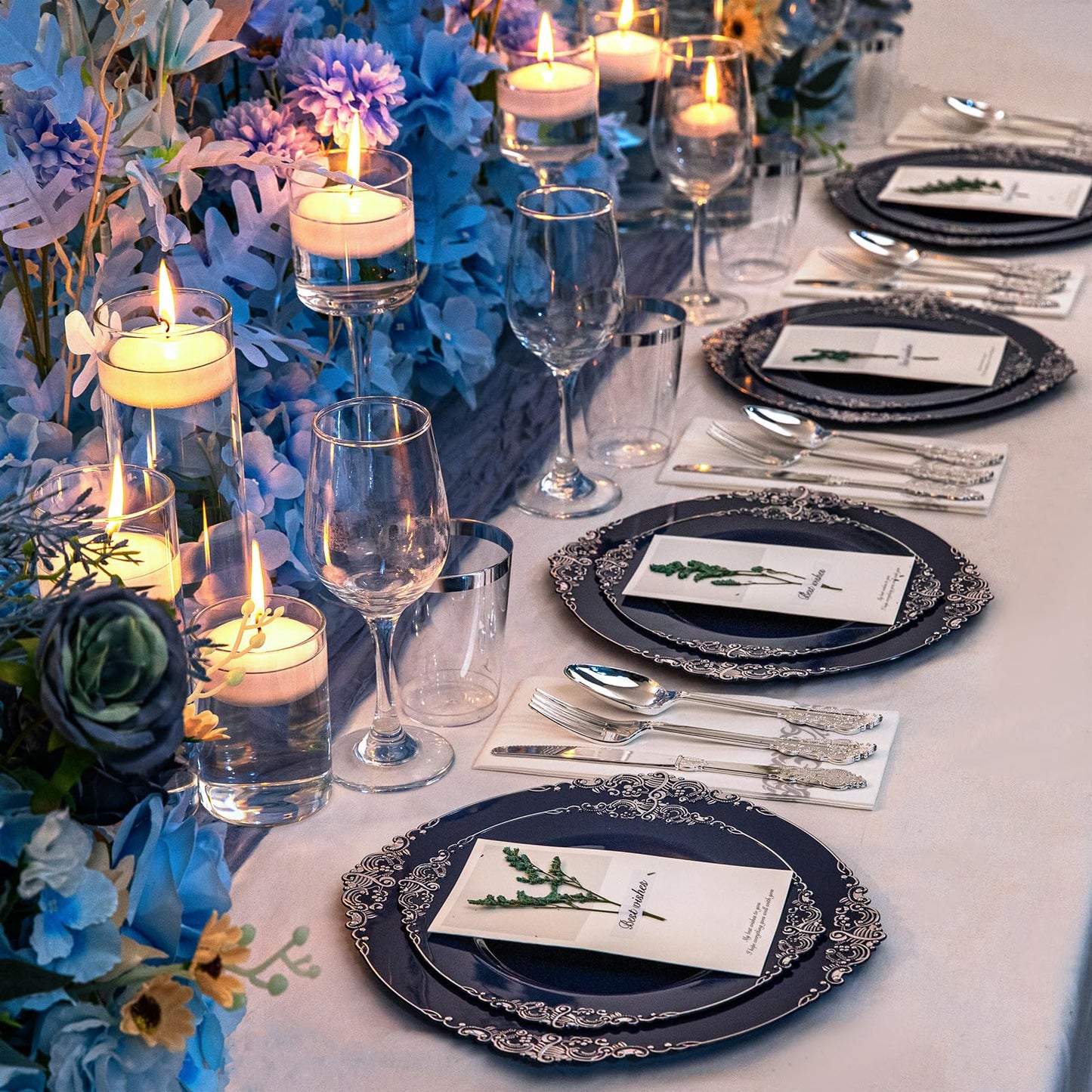 Hioasis 175pcs Blue and Silver Plastic Plates - Elegant Disposable Dinnerware Set Suitable for 25 Guests Include 10.25 Dinner & 7.5 Dessert Plates, Pre Rolled Silverware Set, Cups for Party & Wedding