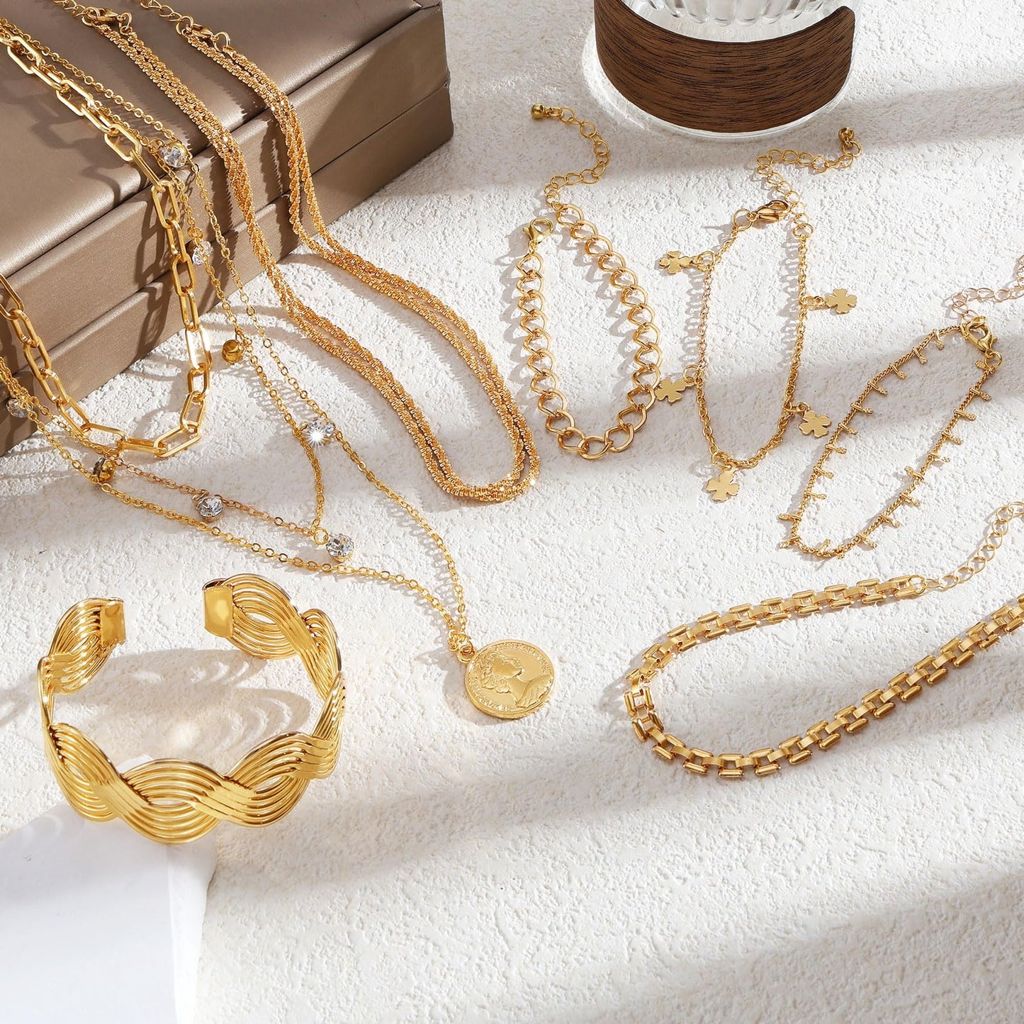 59 Pcs(8 Pack) Gold Plated Jewelry Set For Women With 8 Necklace 12 Bracelet 27 Ring 12 Pair Earring Hoop Simple Sparkle For Happy