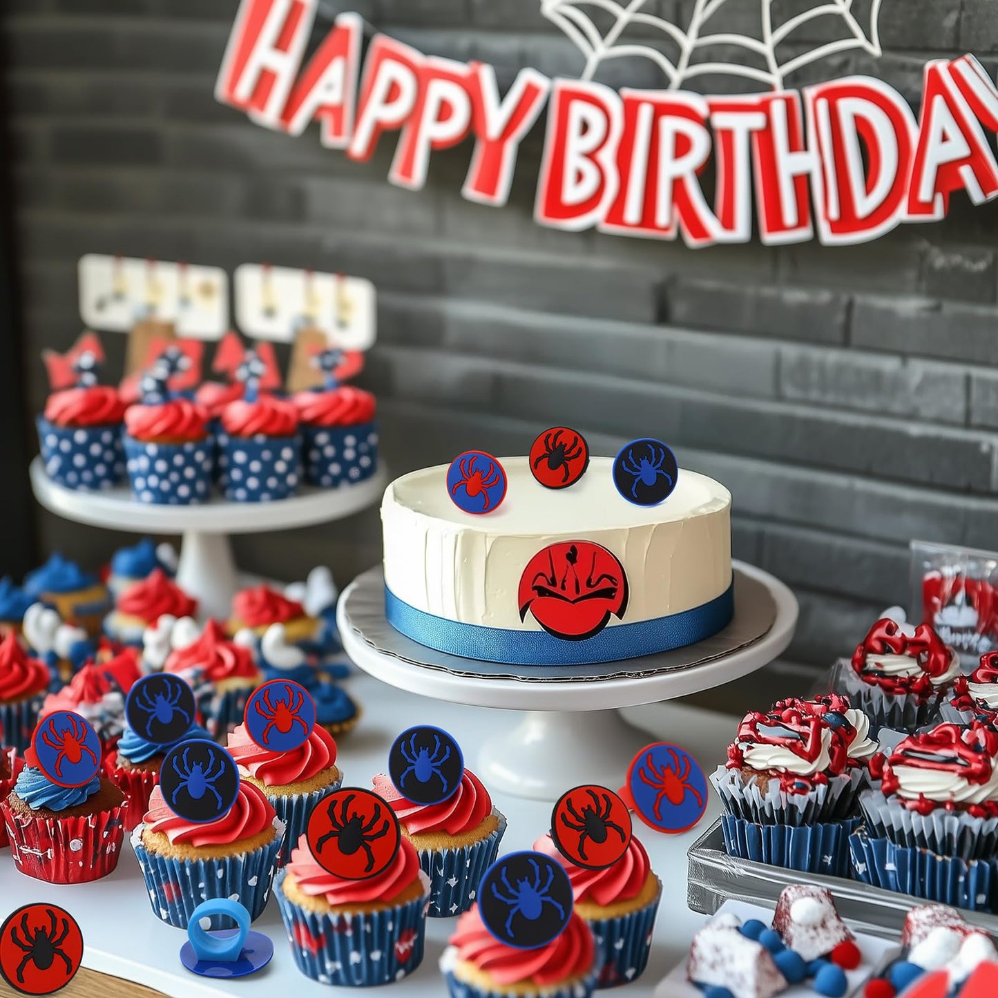 RoundFunny 48 pcs Spider Cupcake Rings, Spider Cake Toppers, Dessert Decorations for Birthday Parties Birthday Party Gifts Classroom Prizes (red/blue/black)