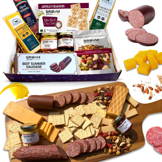 GiftWorld Beef Summer Sausage Charcuterie Cheese Gifts Basket, Charcuterie Food Items, Meat and Cheese Gift Baskets, Food Gifts for Men and Women, Meat Sampler For Men, Business, Fathers Day