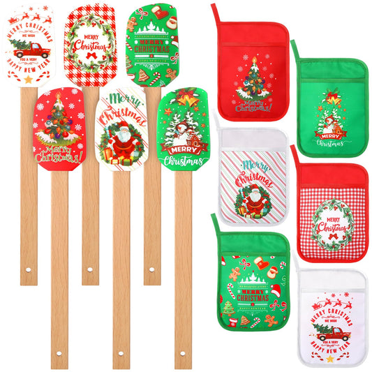 Zhehao 12 Pcs Christmas Silicone Spatulas Pot Holders Set Heat Resistant Pot Holders with Pocket Baking Gifts for Christmas Gift Party Supplies(Cute Christmas Style)