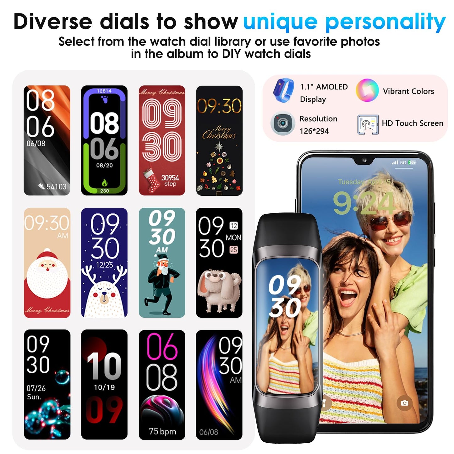 VUHIGIB Fitness Tracker, 24/7 Heart Rate Blood Oxygen Blood Pressure Body Temp Monitor Sleep Calorie Tracker with 1.1" AMOLED Touch Color Screen Pedometer Smart Watch Waterproof for Women Men