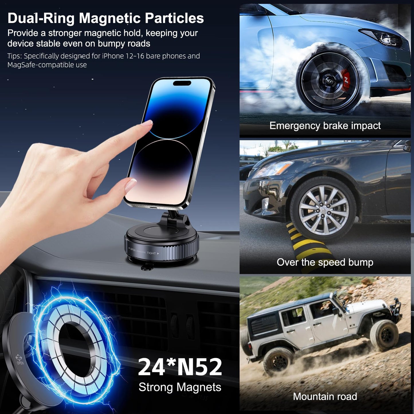 Jikasho Vacuum Magnetic Suction Phone Holder, Foldable and Retractable Hands-Free Suction Cup Phone Mount for Car/Gym/Mirror/Smooth Surface, Compatible with iPhone Android and All Smartphones (Black)