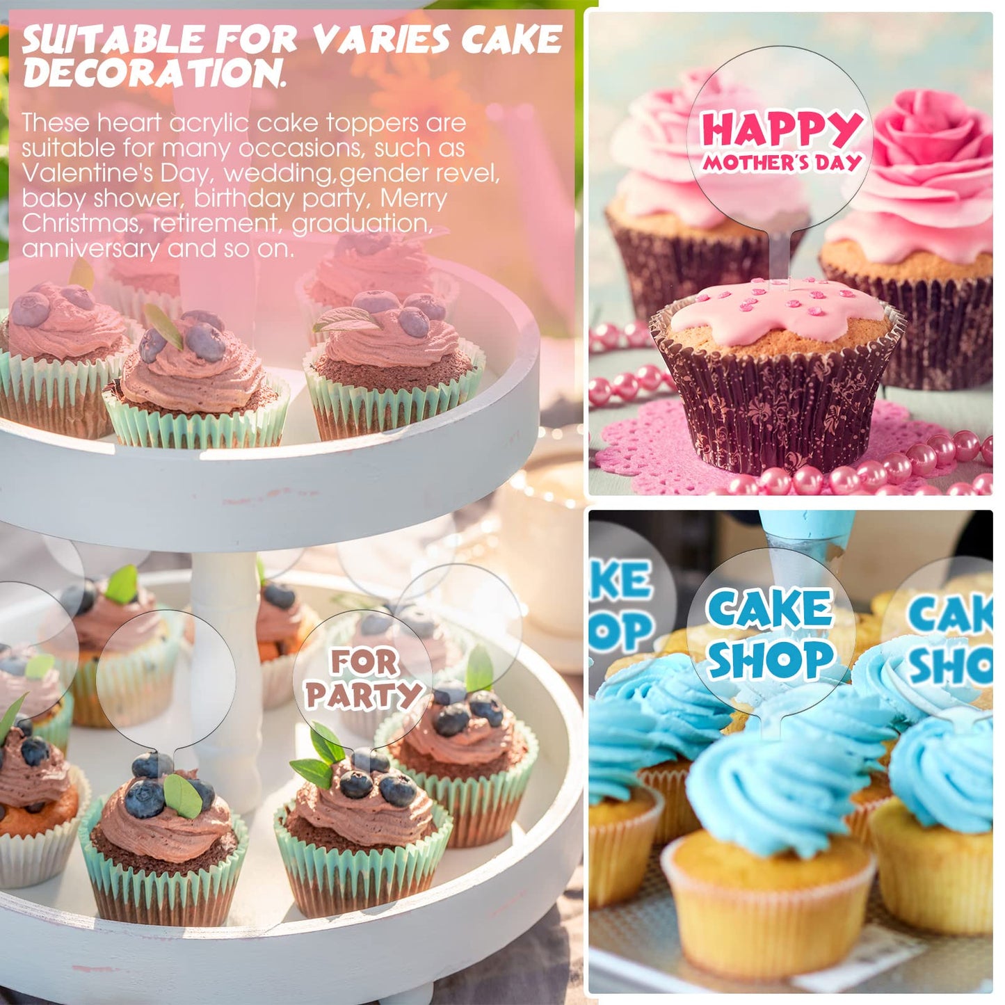 BBTO 100 Pieces 2 Inch Round Clear Acrylic Blank Cupcake Toppers Sticks for DIY Birthday Festival Party Baby Shower Wedding Party Cupcake Decoration