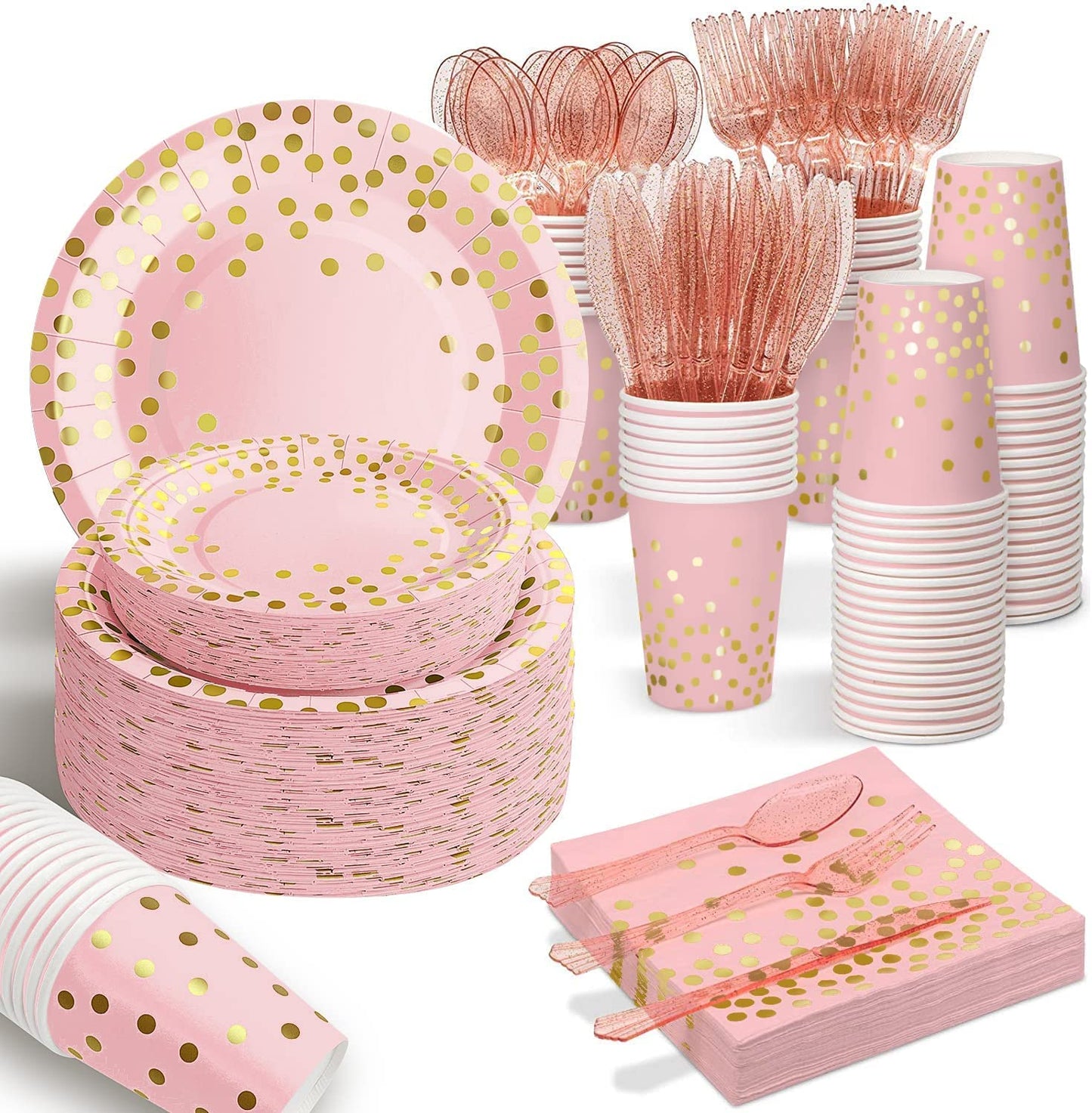 AIRE 350PCS Pink and Gold Party Supplies, Severs 50 Disposable Partyware, Gold Plastic Cutlery, Napkins, Plates for Baby Shower, Birthday, Wedding