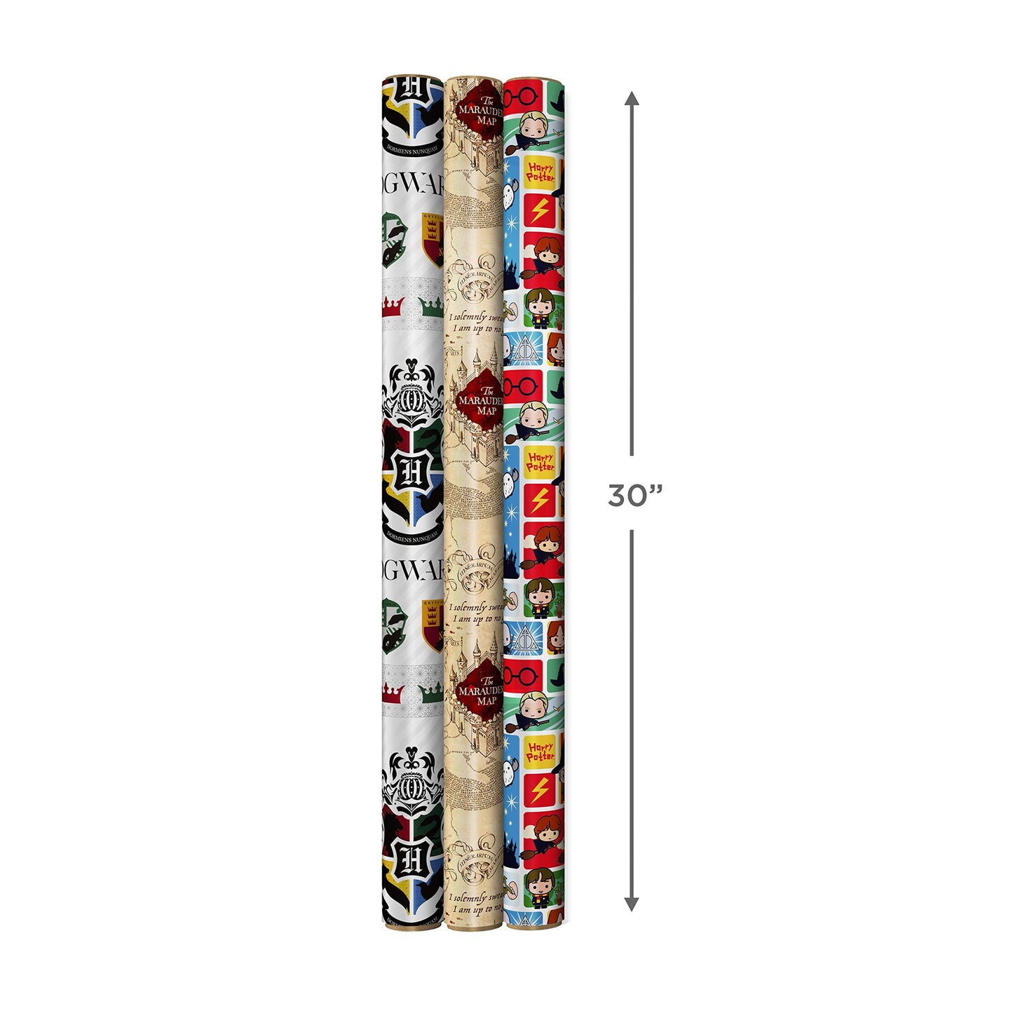 Hallmark Harry Potter Wrapping Paper with Cut Lines on Reverse (3-Pack: 60 sq. ft. ttl; Marauder's Map, Hogwarts Crest) for Birthdays, Graduations, Christmas, Valentine's Day, Kids, Fans