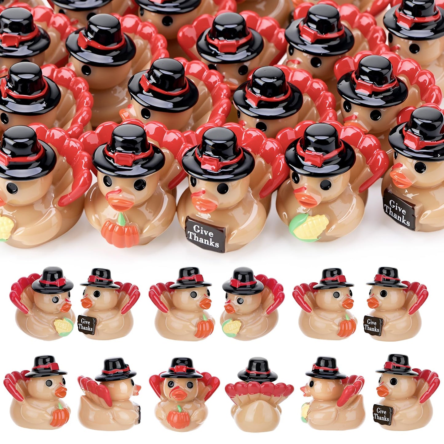 GGSTDDUP 60 Pcs Thanksgiving Mini Resin Ducks, Tiny Turkey Ducks, Miniature Turkey Figurines, Novelty Thanksgiving Party Favors Gift Decoration (Give Thanks, Corn, Pumpkin)