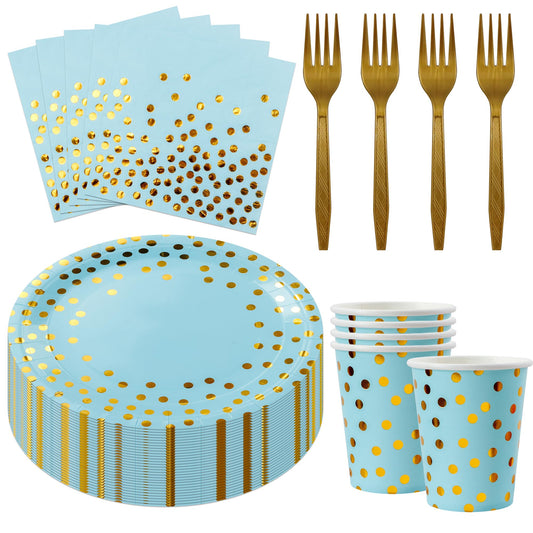 Sveikie160 Pcs blue And Gold Paper Plates, Birthday Cake Party Plates And Napkins, Wedding Disposable Utensils For Birthday Graduation Wedding And Holiday Celebrations Serves 40 (blue)