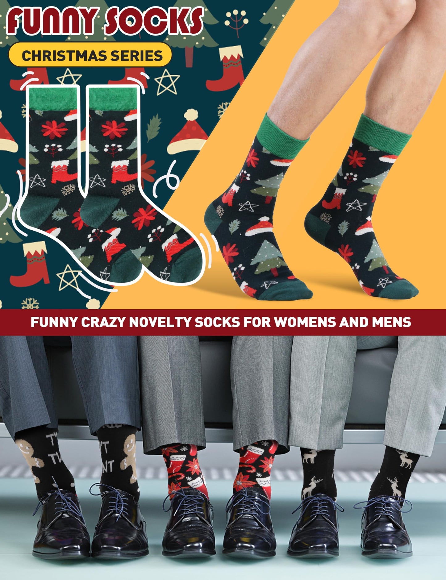 Funny Socks for Women Men Fun Cozy Crazy Cute Novelty Fashion Gift Breathable Cotton Boot Socks Stocking Stuffers(Christmas Style(12 Pairs),L)