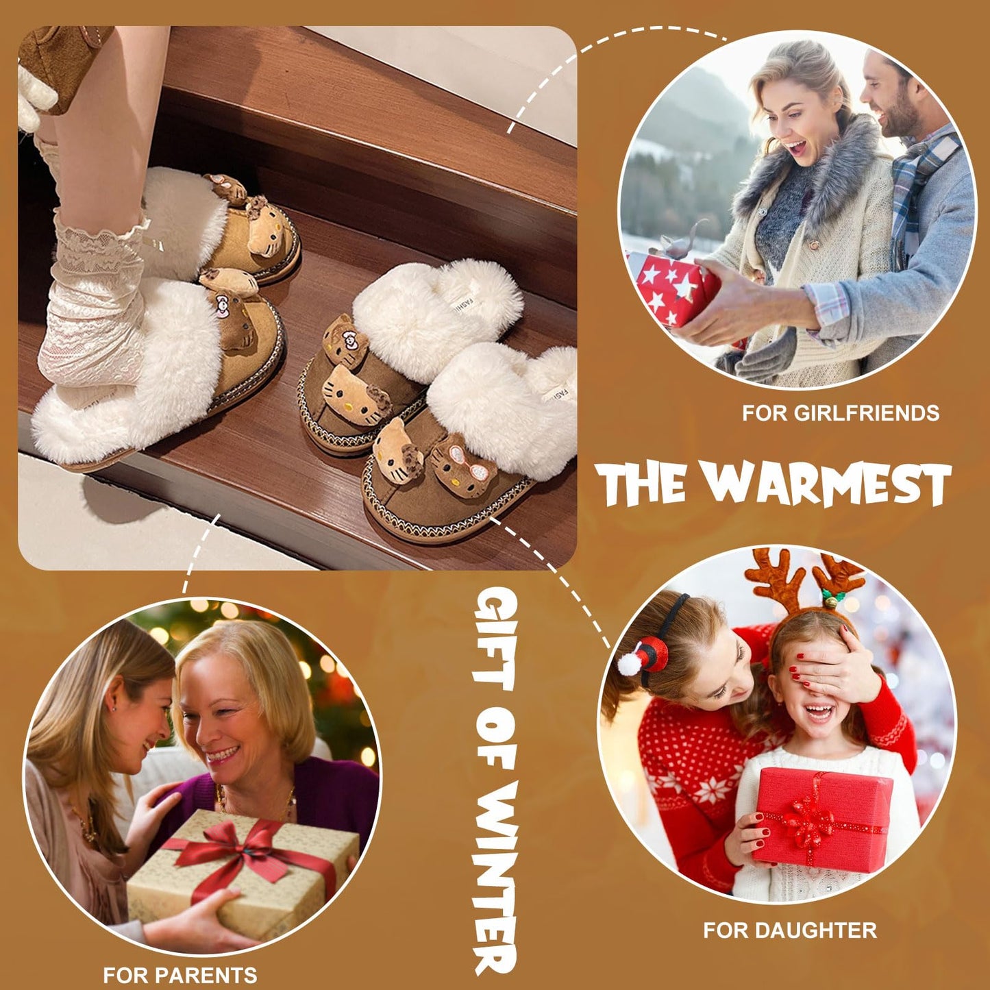 Wauoemy Fuzzy Slippers for Women Girls,Cute Fluffy House Shoes Warm Christmas Birthday Gift for Daughter Wife Girlfriend Bestie Brown 5.5