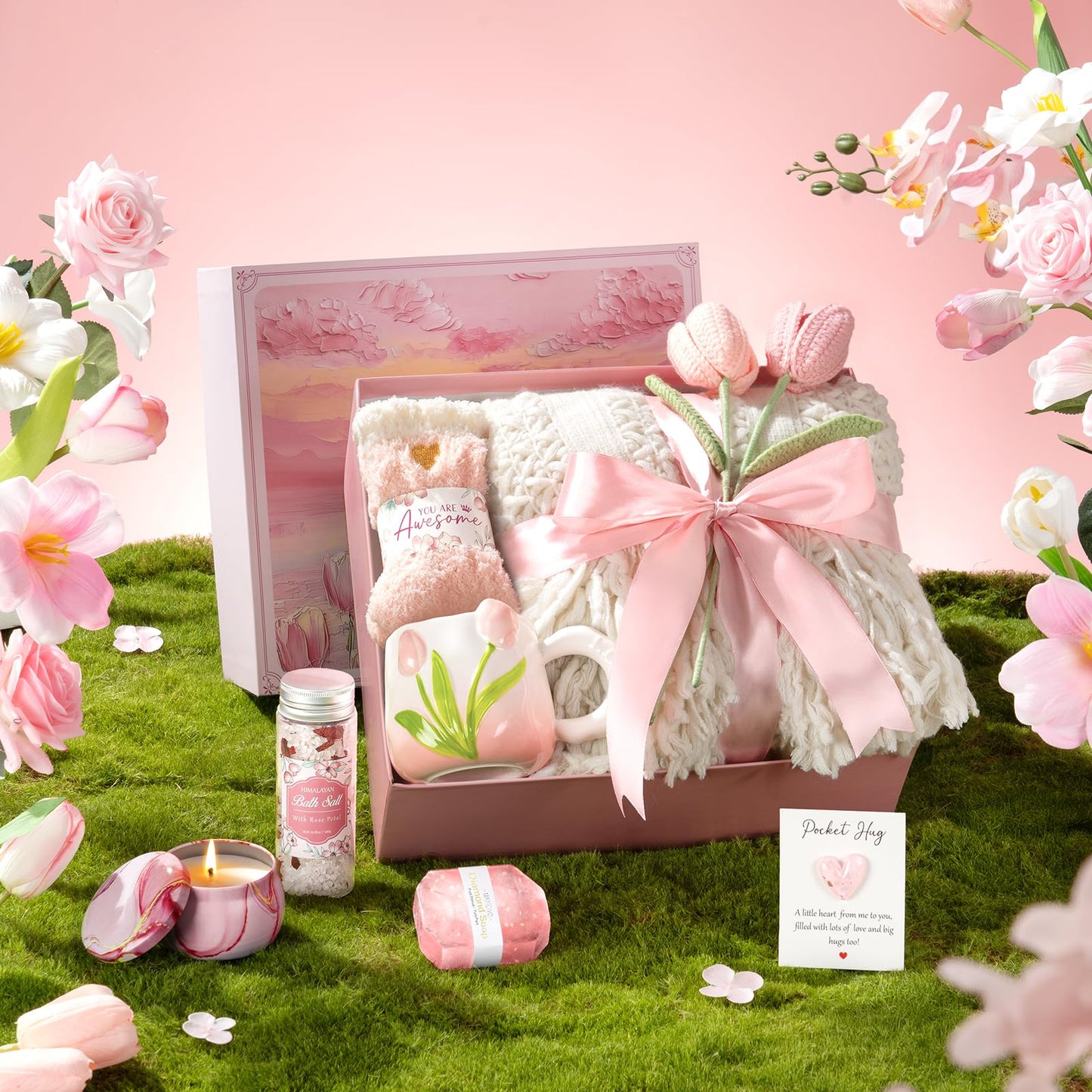 Birthday Gifts for Women Self Care Set Get Well Soon Gift Baskets, Relaxing Rose Spa Gift Basket Care Package for Women, Unique Xmas Gifts for Mom Her Girlfriend Sister Best Friend Wife Grandma