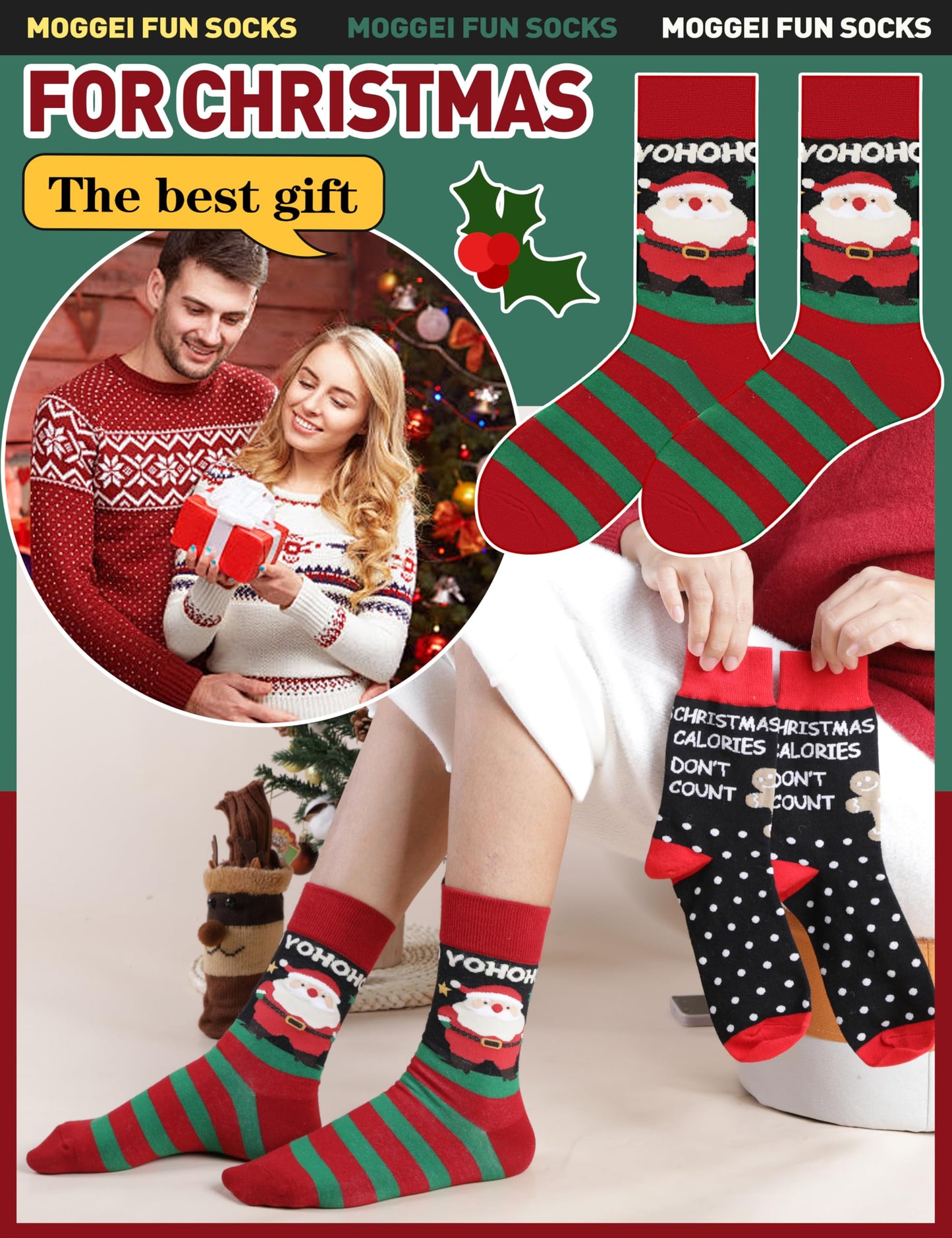 Funny Socks for Women Men Fun Cozy Crazy Cute Novelty Fashion Gift Breathable Cotton Boot Socks Stocking Stuffers(Christmas Style(12 Pairs),L)