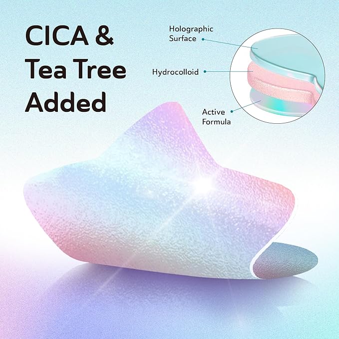 Star Pimple Patches for Face, Cute Acne Patches with Salicylic Acid, CICA & Tea Tree Oil, 144 Holographic Star Moon Heart Butterfly Patches, 7X Absorbency Pimple Patches for Teens (4 Designs, 36 Each)