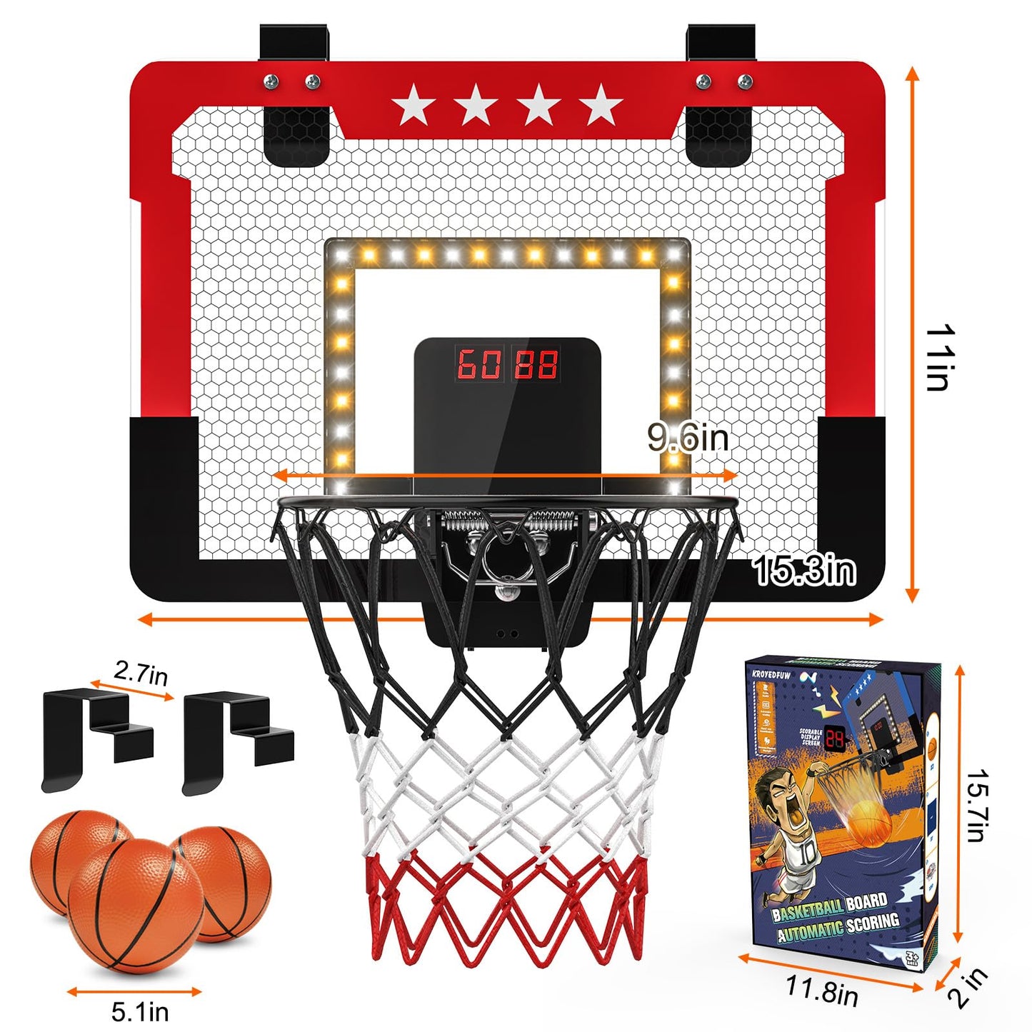 Indoor Basketball Hoop for Kids, Mini Basketball Hoop with Double Electronic Scoreboard and LED Light, Over The Door Basketball Gifts Toys for 5 6 7 8 9 10 11 12 Year Old Boys (West Red)