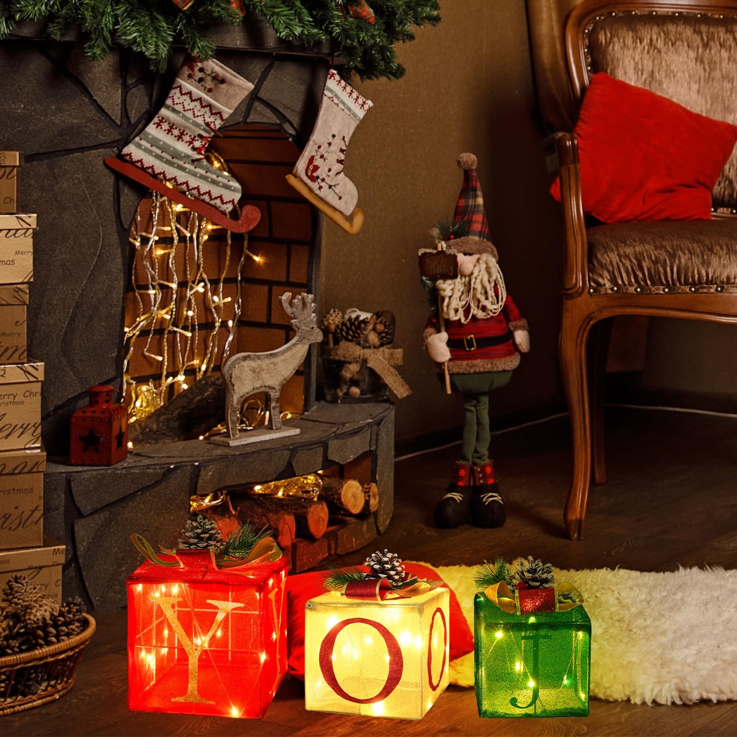 COVFEVER Christmas Joy Lighted Gift Boxes Decorations Set of 3, 2.6Ft Stackable Christmas Nesting Boxes Battery Operated for Home and Party Decoration