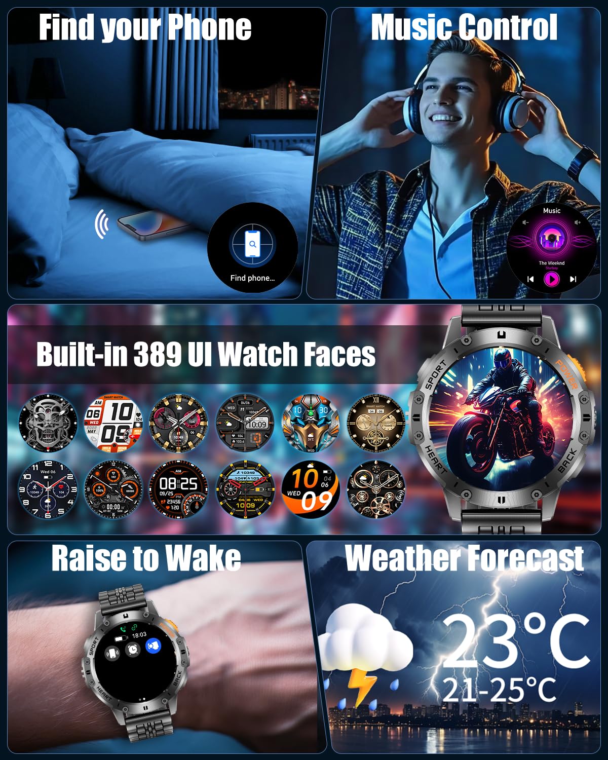 PODOEIL Military Smart Watches for Men with Bluetooth Call, 1.43" AMOLED Waterproof Smartwatch with Flashlight, 111 Sport Modes, 530mAh Heart Rate/SpO2/Sleep Monitor Fitness Tracker for Android iOS