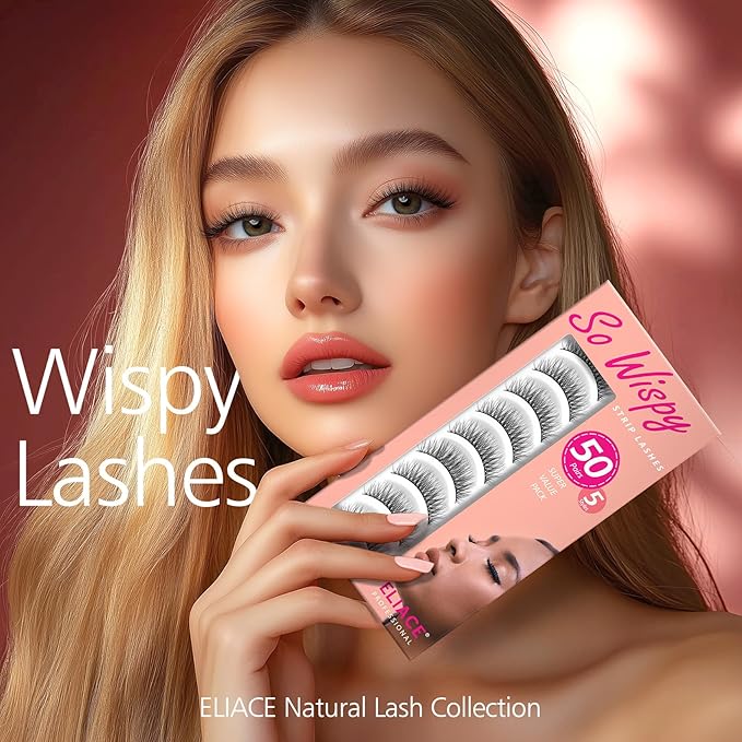 Eliace Luxurious 50 Pairs 5 Styles Cat Eye Lashes Wispy False Eyelashes Natural look 3D Mink Lashes Fake Eyelashes Kit, Thin Soft Band Comfortable Fluffy Volume Cross Strip Lash, with Lash Tweezers