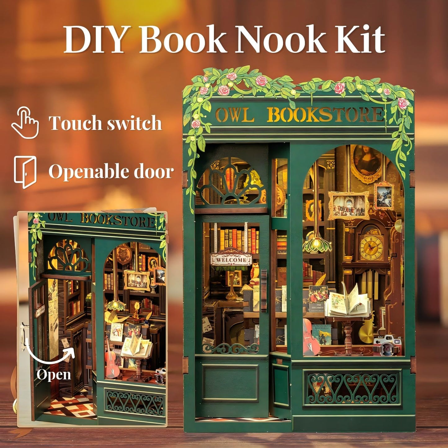 Fsolis Book Nook Kit, DIY Scene Miniature House Kit Tiny House Mini Booknook Craft Bookshelf Decor, 3D Puzzles for Adults, 139 Wooden Pieces, Scale Library Model, Gifts for Book Lovers（OWL Bookstore）