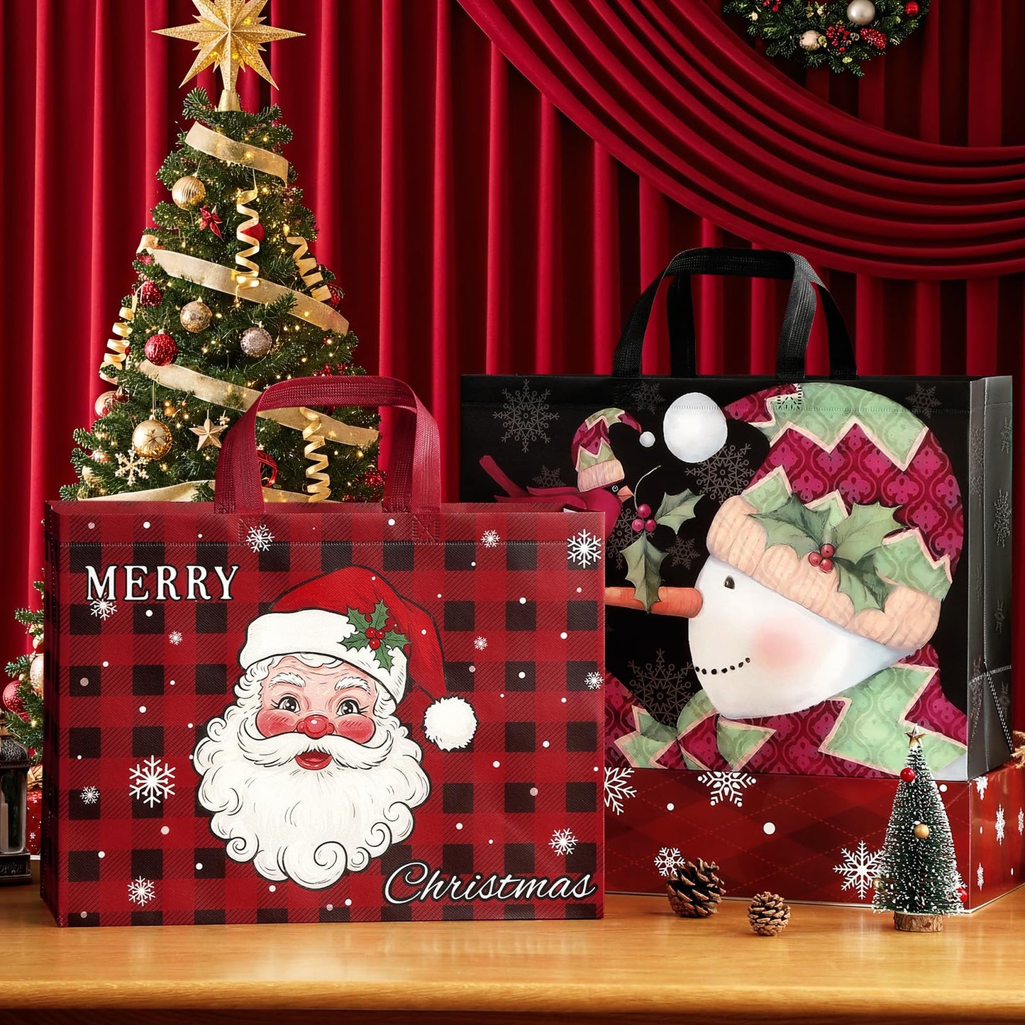 STYPOP 12 Pack 17" Extra Large Christmas Gift Bags, Reusable Non-Woven Christmas Tote Bags with Handles, Perfect for Xmas Gift Wrap/Party Favor Supplies, 16.9" × 12.6" × 6.8"