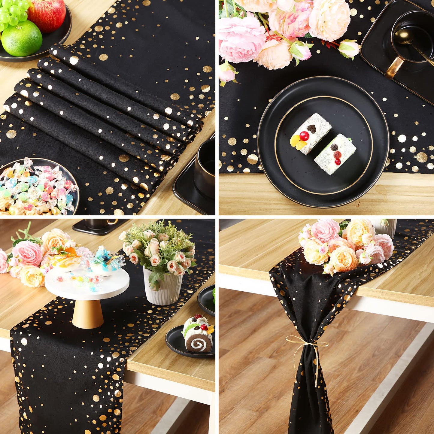 4 Pack Table Runner 12 x 108 Inch Sequin Rectangular Table Runners for Birthday Wedding Graduation New Years Party Decorations Black and Gold Decor(Black and Gold)
