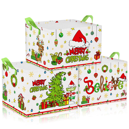 Beeveer 3 Pcs Foldable Christmas Storage Bins with Handle Green Tree Shelf Baskets Fabric Xmas Tree Storage Cube Box for Home Bedroom Office Organizing Closet Gift Baskets