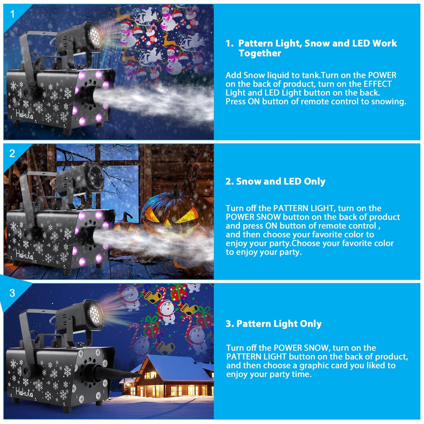 Hakuta Upgraded 800W Snow Machine with 8 LED RGB Lights, LED Projection, and 2 Wireless Remotes, Perfect for Christmas, Halloween,Parties, Wedding and DJ Stage …