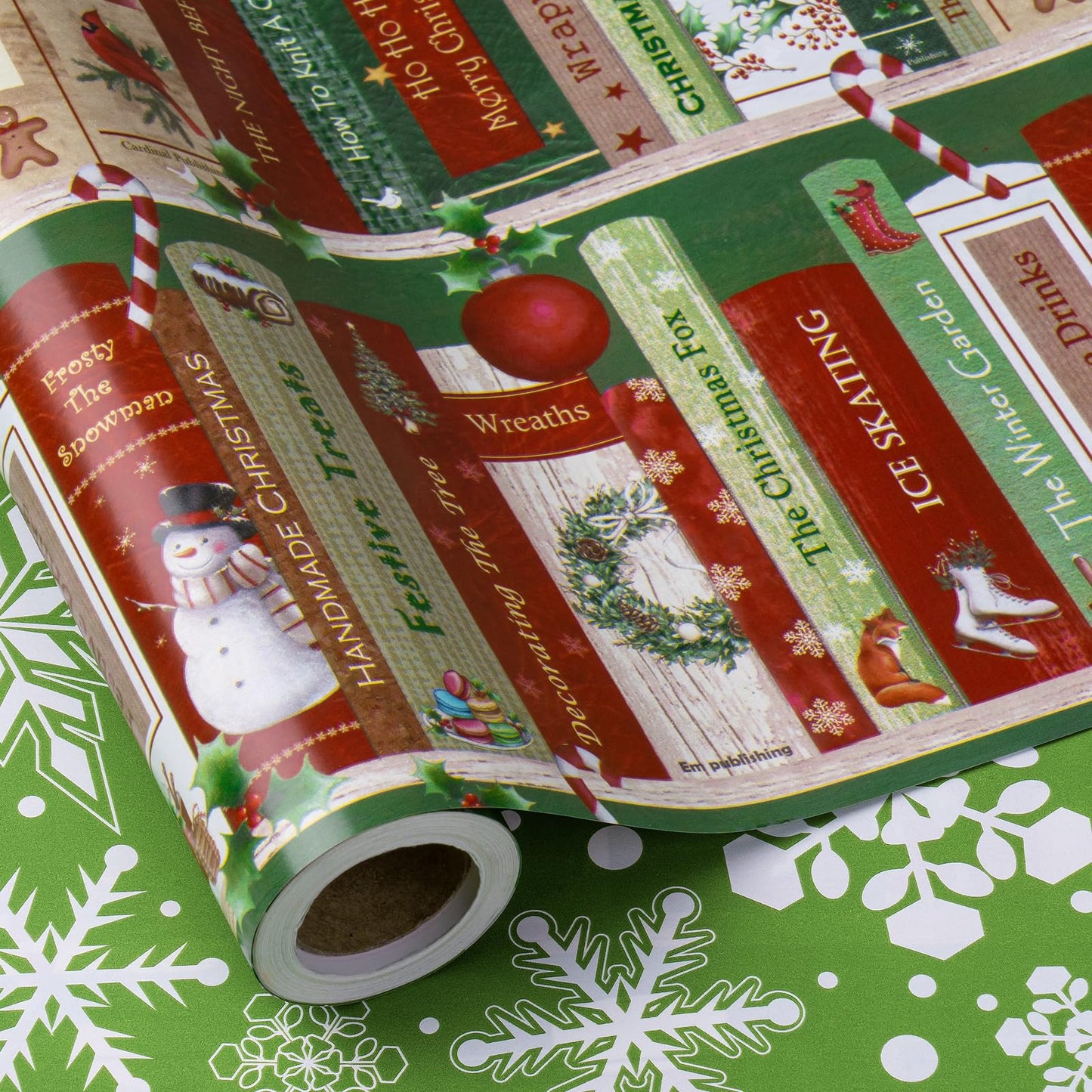 RUSPEPA 30" X 32.8' Reversible Christmas Wrapping Paper Large Paper Roll, Jumbo Roll, Vintage Christmas Bookshelf Design, Green White Snowflake Gift Wrap for Friends, Family, Xmas Holiday Gifts