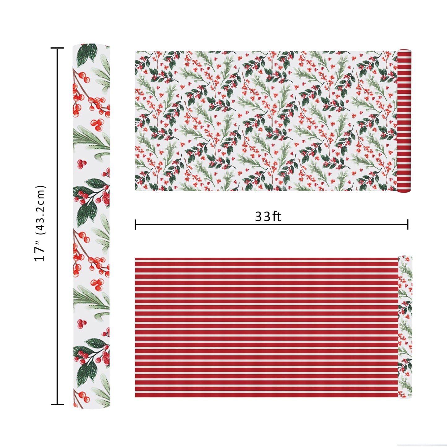 LaRibbons Reversible Christmas Wrapping Paper Jumbo Roll, Vintage Red Berries & Red Candy Cane Stripe Gift Wrap for Christmas, Season Party, Xmas, 30 Inch × 33 Feet