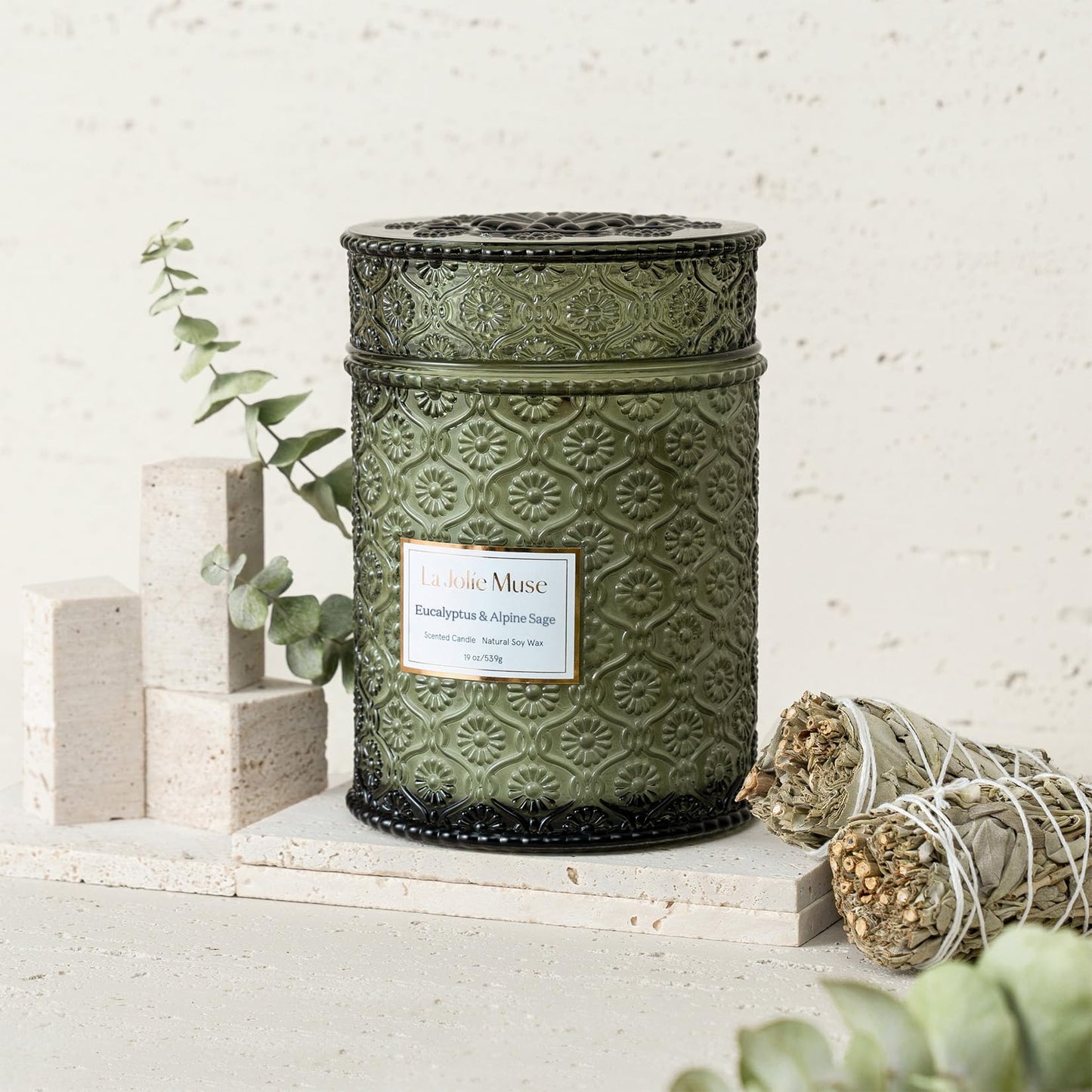 LA JOLIE MUSE Scented Candles Eucalyptus & Alpine Sage, 19 oz Large Wood Wicked Candle, Decorative Candles in Glass, Natural Soy Wax, 90 Hours Long Burning