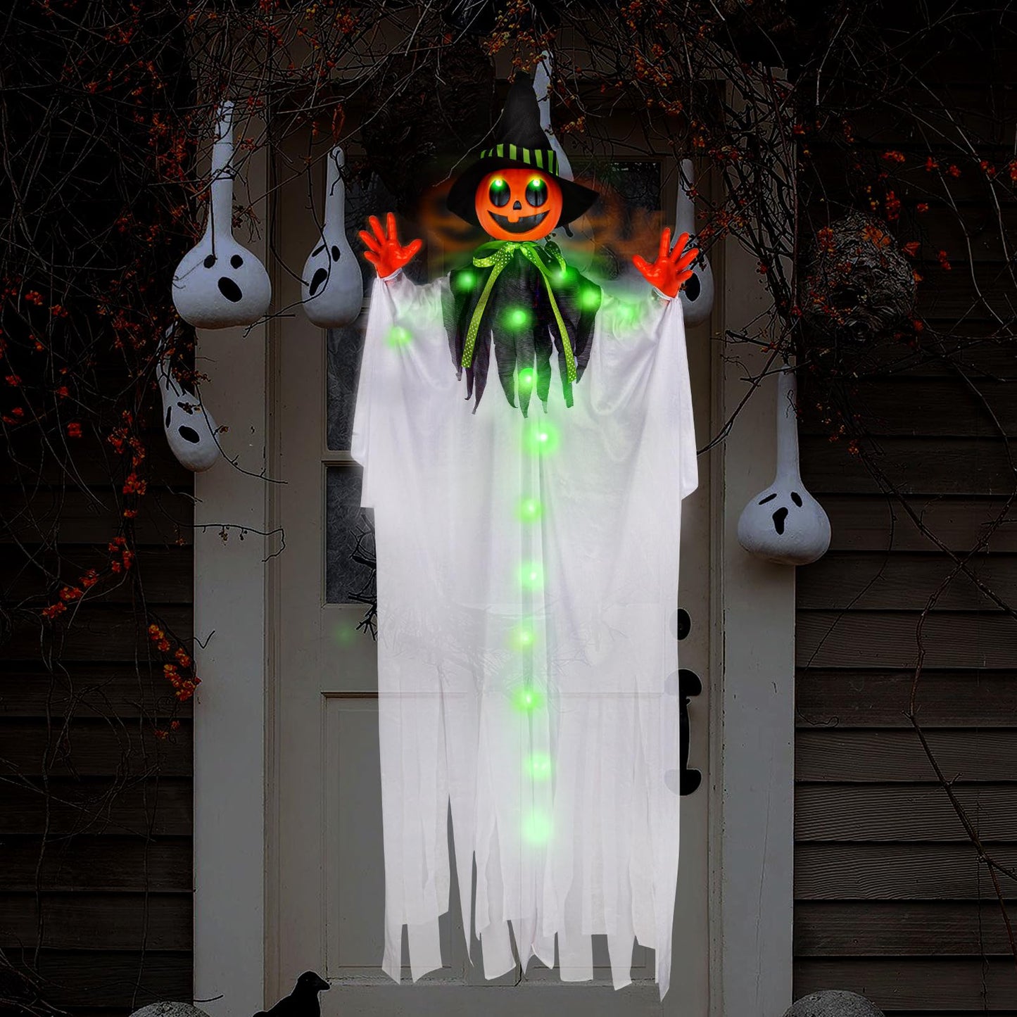 55” Halloween Hanging Animatronics Ghost Pumpkin with LED Lights, Sound & Motion Activated and Shaking Arms - Perfect for Halloween Haunted House Prop Décor, Indoor/Outdoor Display, Lawn, Party