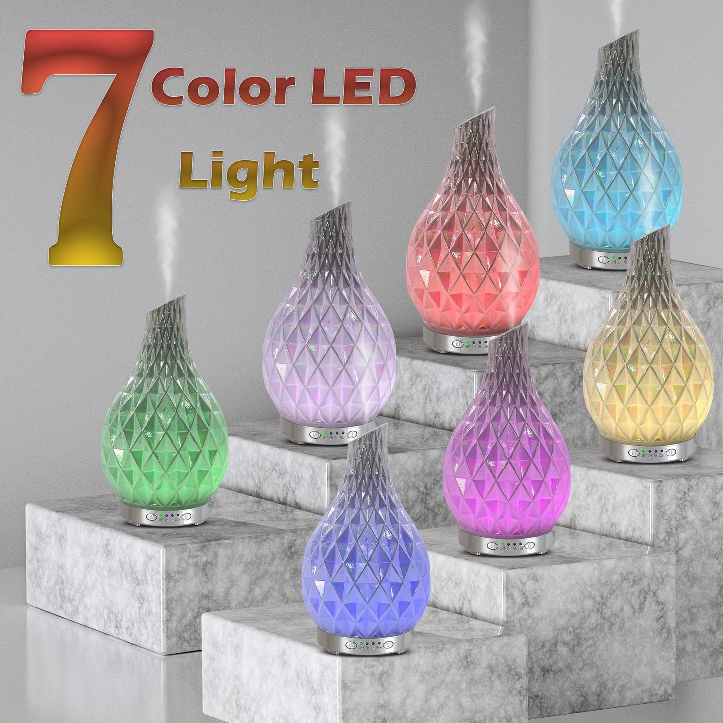 MAXWINER Essential Oil Diffuser Handmade Art Glass Aromatherapy Ultrasonic Humidifier with 7 Colors Lights Changing, Waterless Auto Shut-Off, Time Setting for Home, Office, Room 120ml (Diamond)