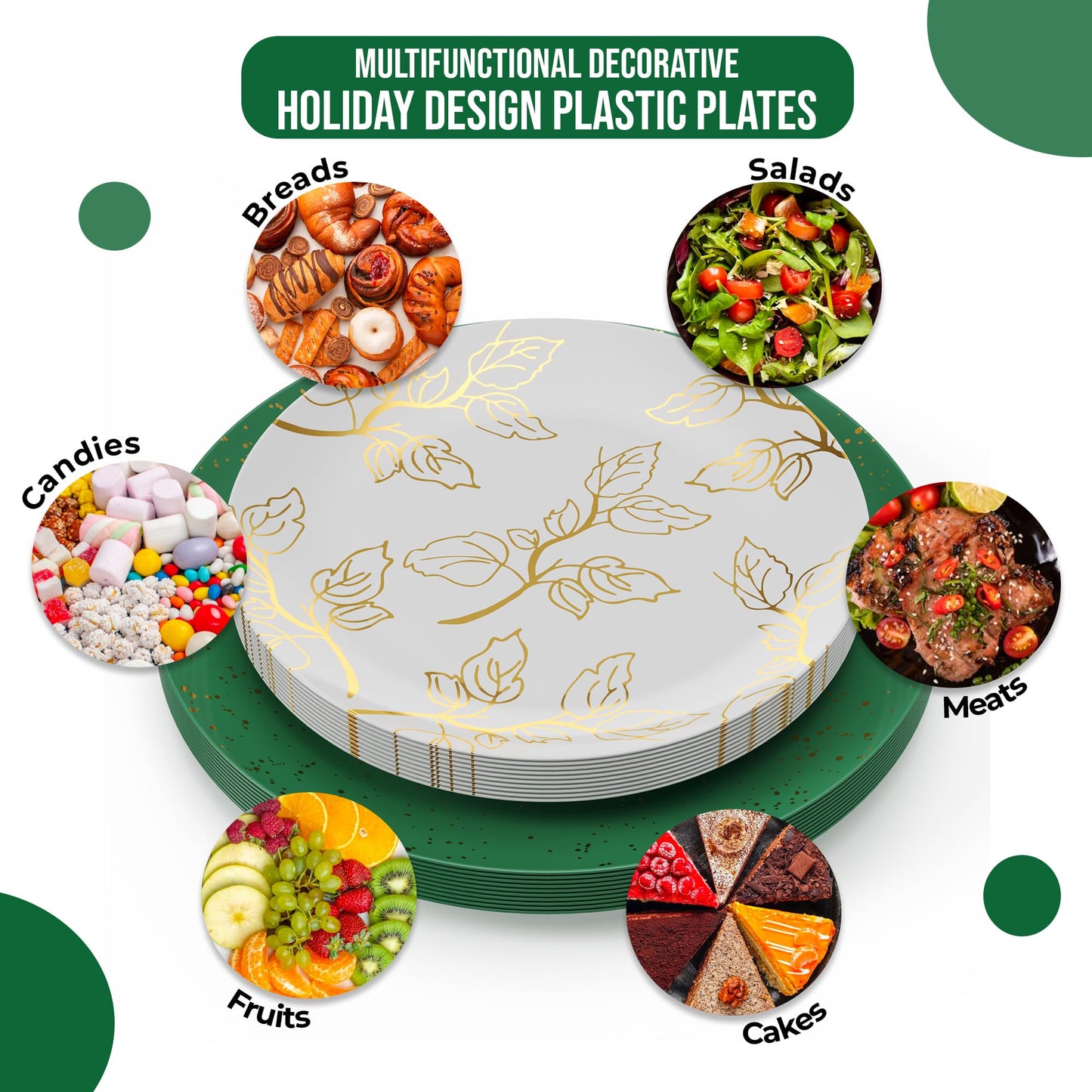 Trendables Christmas Plates Disposable Heavy Duty 40 Pcs Christmas Dinnerware Set Green Plates Disposable Includes 20 10" Green Dinner Plate & 20 8" Dessert Plate For Holiday And Party Supplies