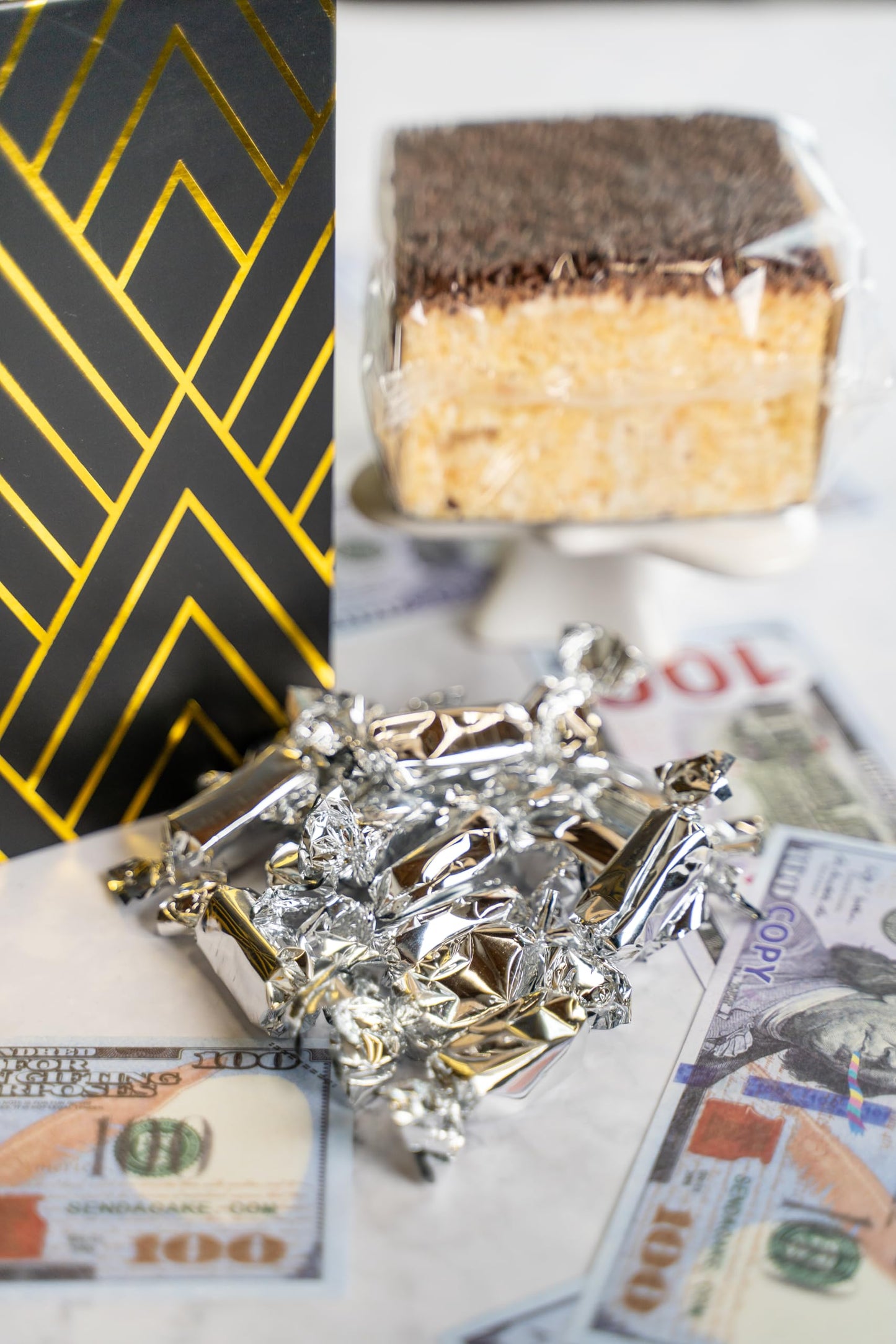 Luxe Billionaire Box featuring Shooting Birthday Bills. Ready to Gift, No Assembly Required with Music, Sweet Caramels & Delicious 3" Chocolate Sprinkle Crispy Cake for Delivery – Birthday Gift for Women, Men, Sister, Mom, Dad, Best Friend, Adults, Kids